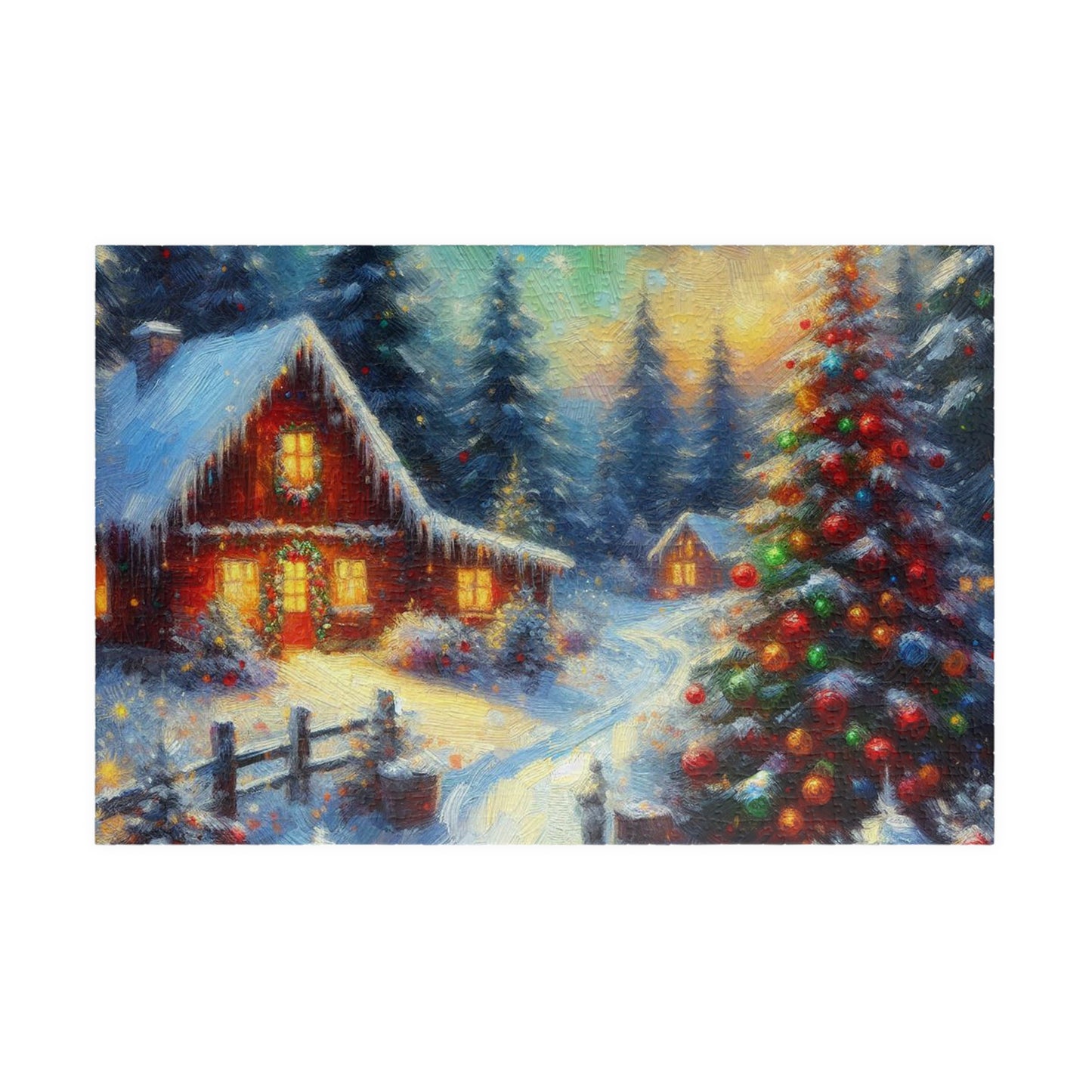 Jigsaw Puzzle, Quaint Christmas Cabin, Winter Wonderland Family Gathering, 110/252/520/1014-Piece, Chipboard Material, Glossy Finish