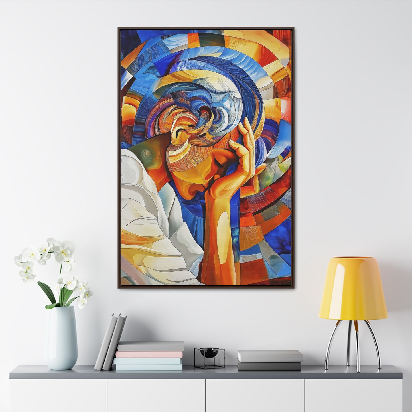 Abstract Person Resting Head Canvas Wrap, Vibrant Swirling Geometric Shapes, Thought-Provoking Artwork, Wall Decor, Home Office Decor,