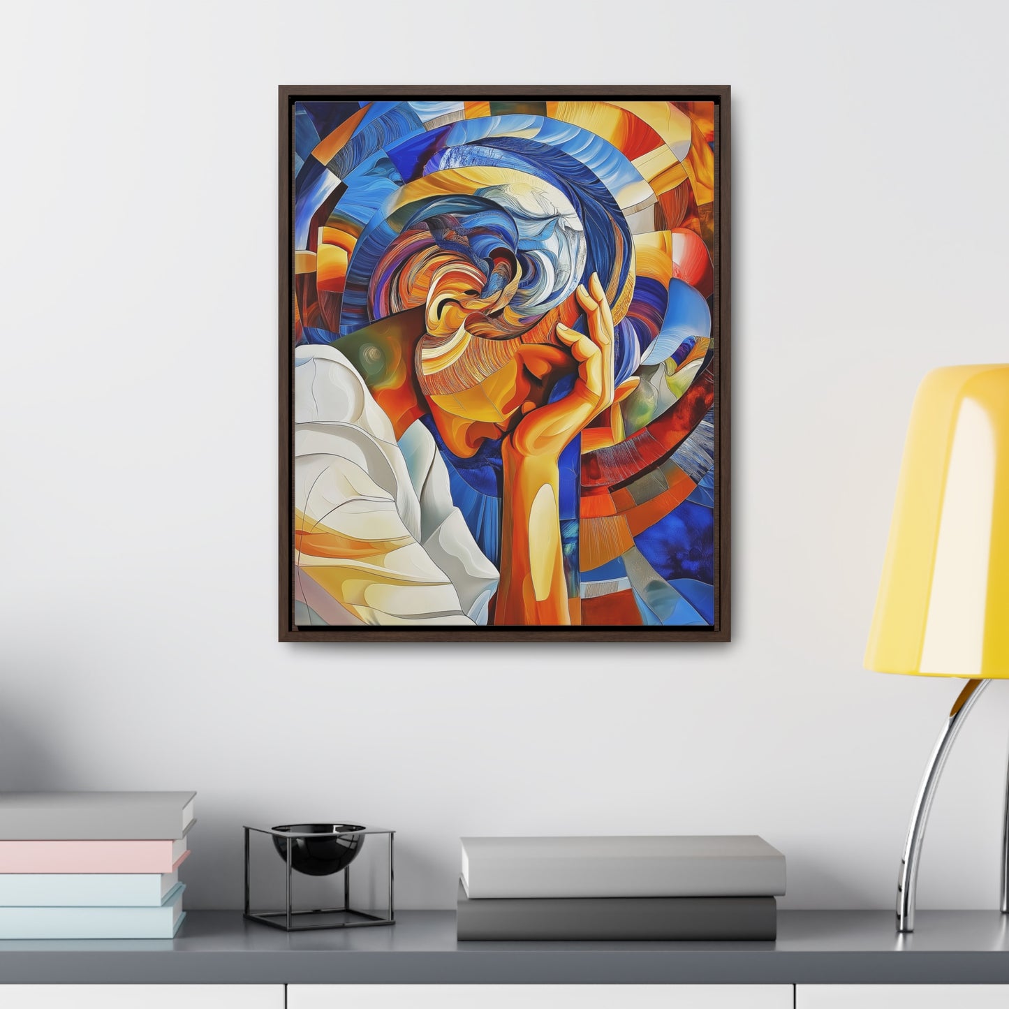 Abstract Person Resting Head Canvas Wrap, Vibrant Swirling Geometric Shapes, Thought-Provoking Artwork, Wall Decor, Home Office Decor,