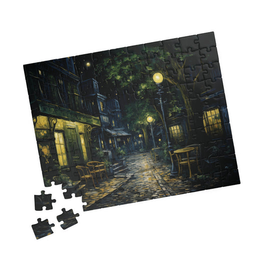 Puzzle, Europäische Stadtgasse mit Vintage-Lampen, regnerische Nachtszene, Spanplattenmaterial, Familienspaßaktivität, ruhig