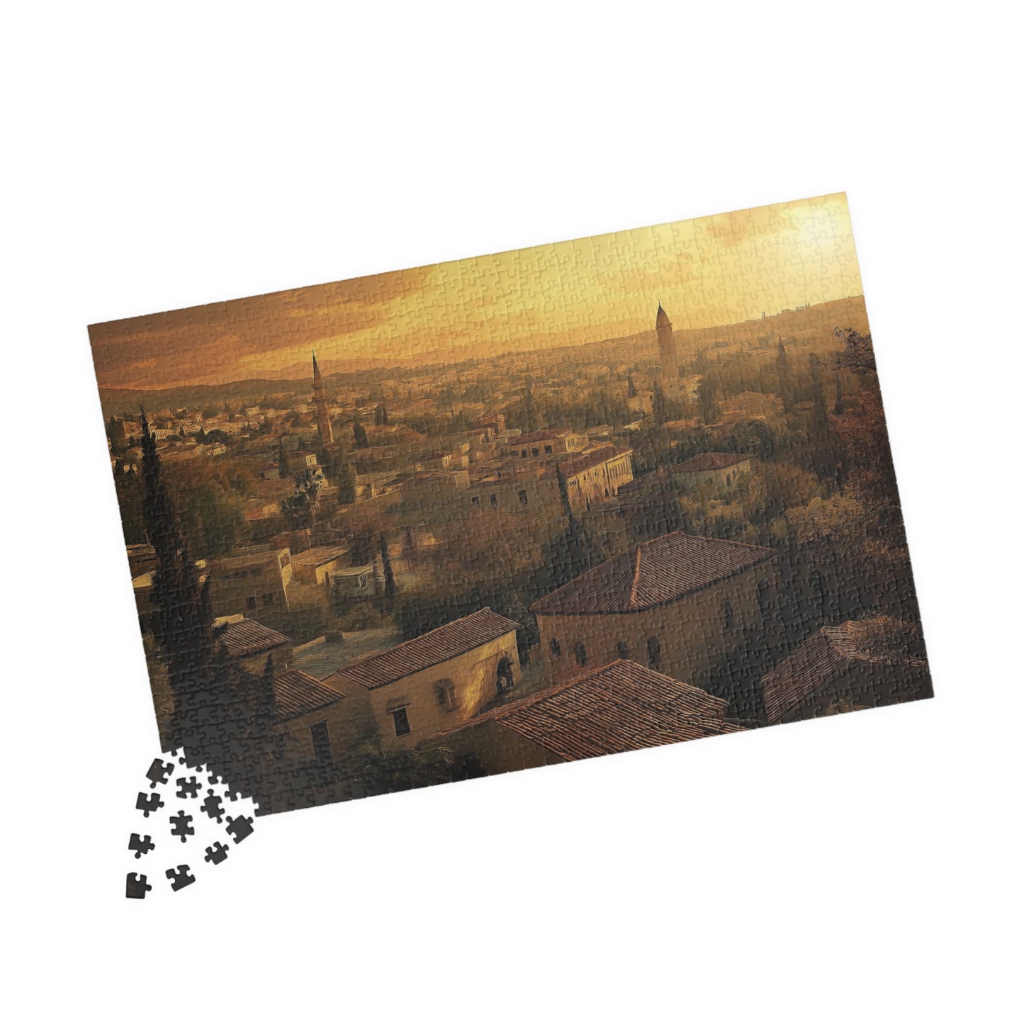 Jigsaw Puzzle, Ancient City Sunset, Historical Architecture and Lush Greenery, 110-1014 Pieces, Chipboard Material, Glossy Finish