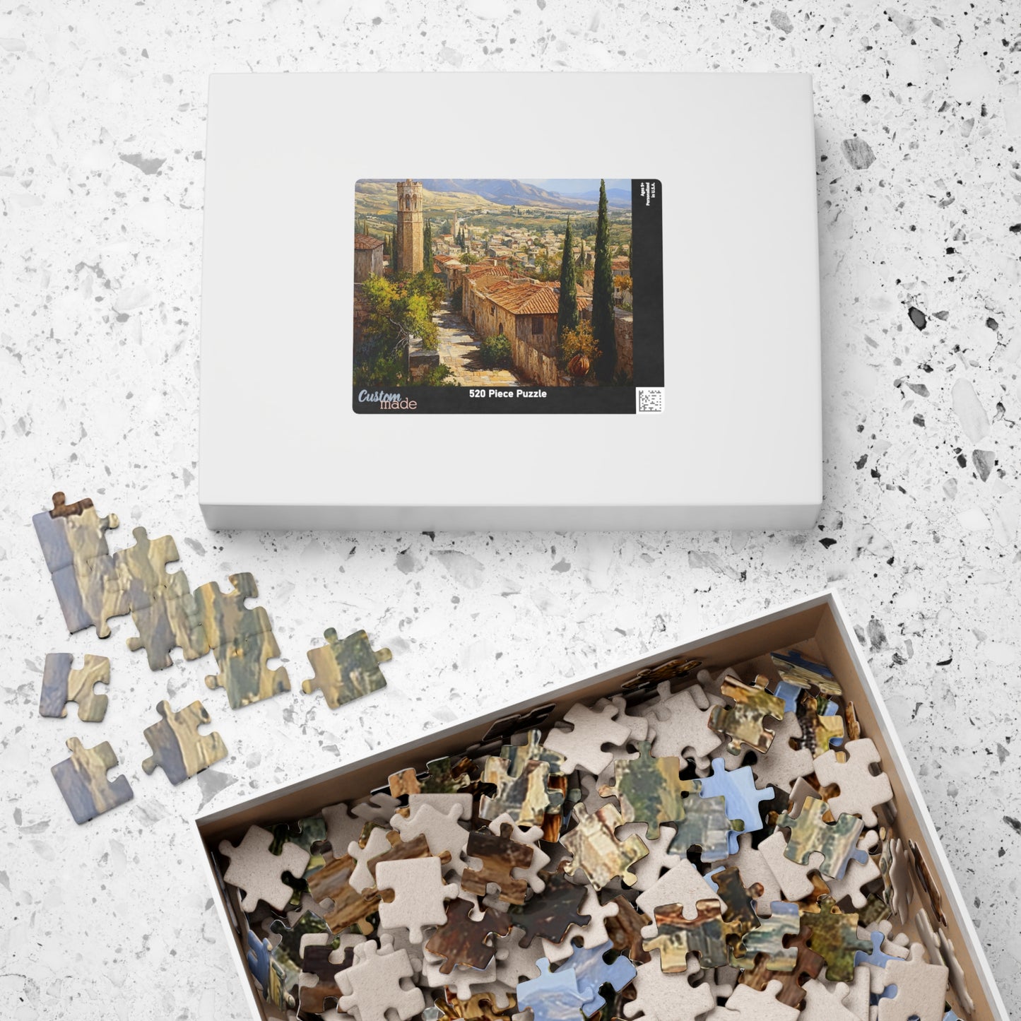 Jigsaw Puzzle - Mediterranean Village Scene, 110/252/520/1014 Pieces, Chipboard Material, Glossy Finish, Vertical or Horizontal Orientation