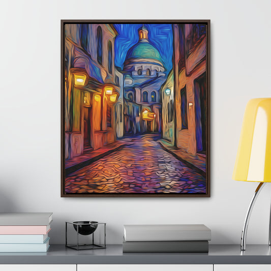 Cityscape Gallery Canvas Wraps, Vertical Frame - Enchanted Alleyway Twilight Sky Art Decor, Vibrant Colors Street Lamps Portal to Another