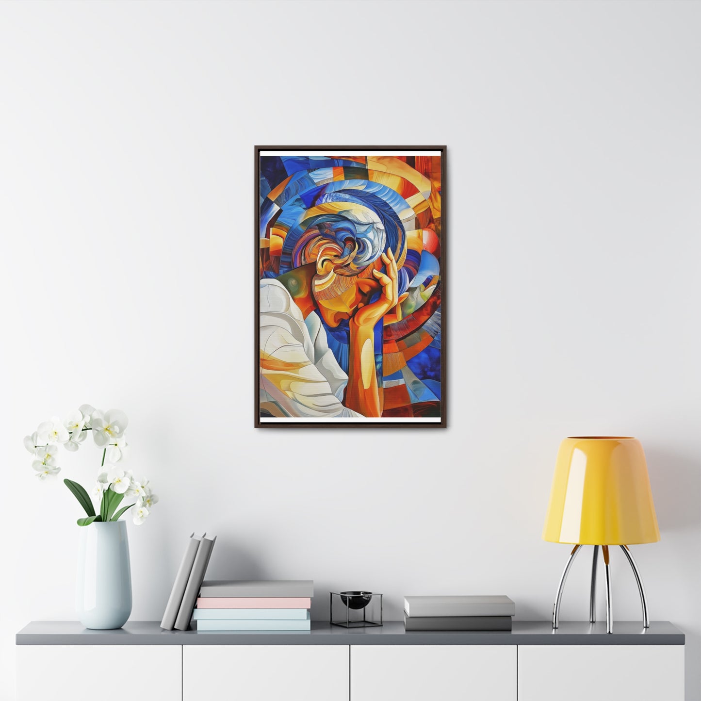 Abstract Person Resting Head Canvas Wrap, Vibrant Swirling Geometric Shapes, Thought-Provoking Artwork, Wall Decor, Home Office Decor,