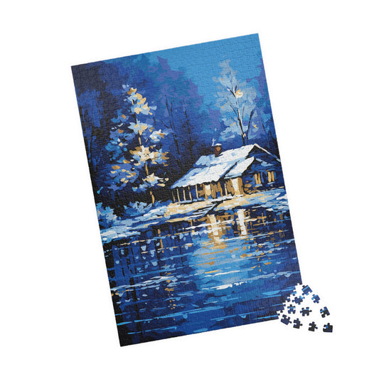 Jigsaw Puzzle, Winter Cabin Retreat, Moments of Serenity Collection, Cozy Evening Activity, 110 252 520 1014 Piece Options, Chipboard