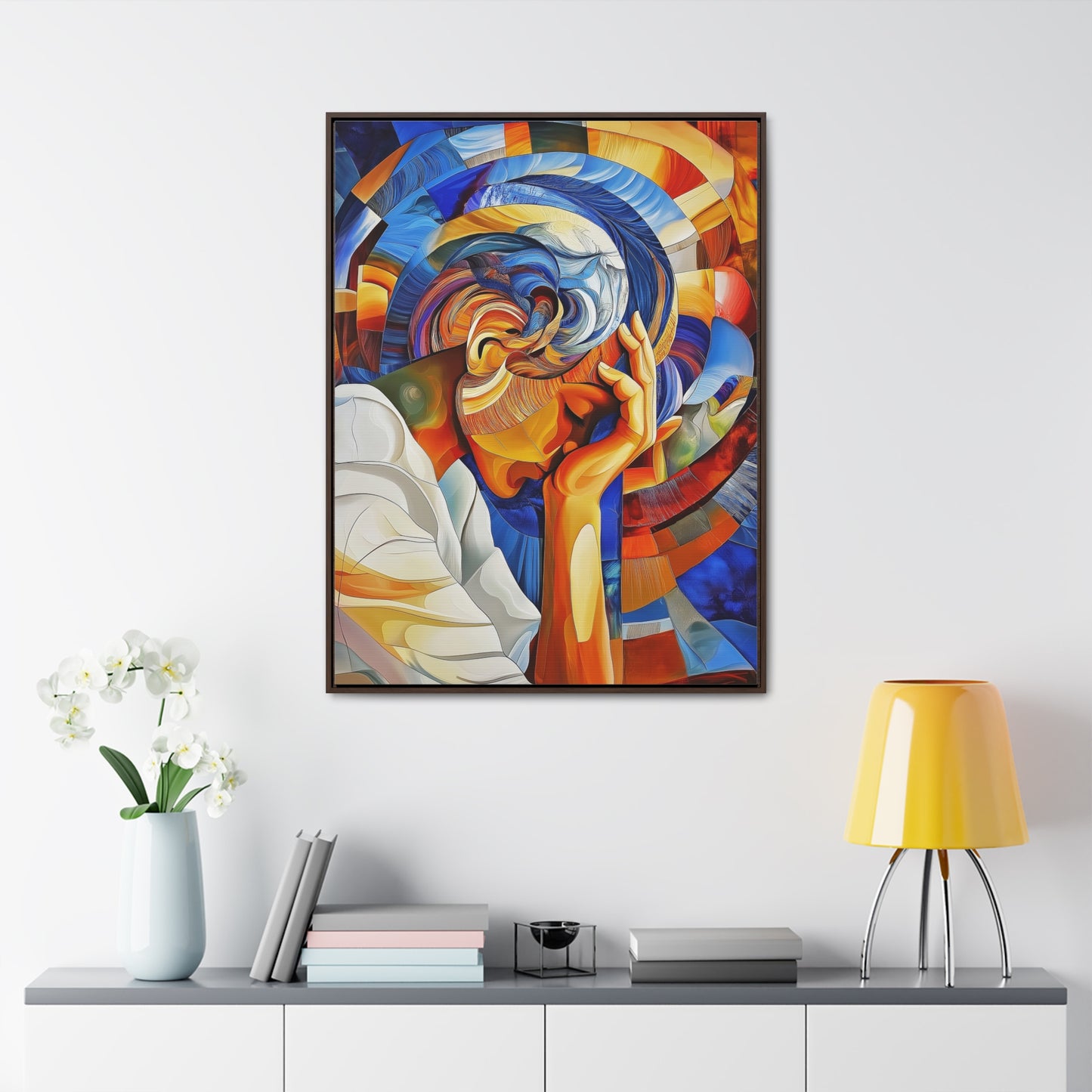 Abstract Person Resting Head Canvas Wrap, Vibrant Swirling Geometric Shapes, Thought-Provoking Artwork, Wall Decor, Home Office Decor,