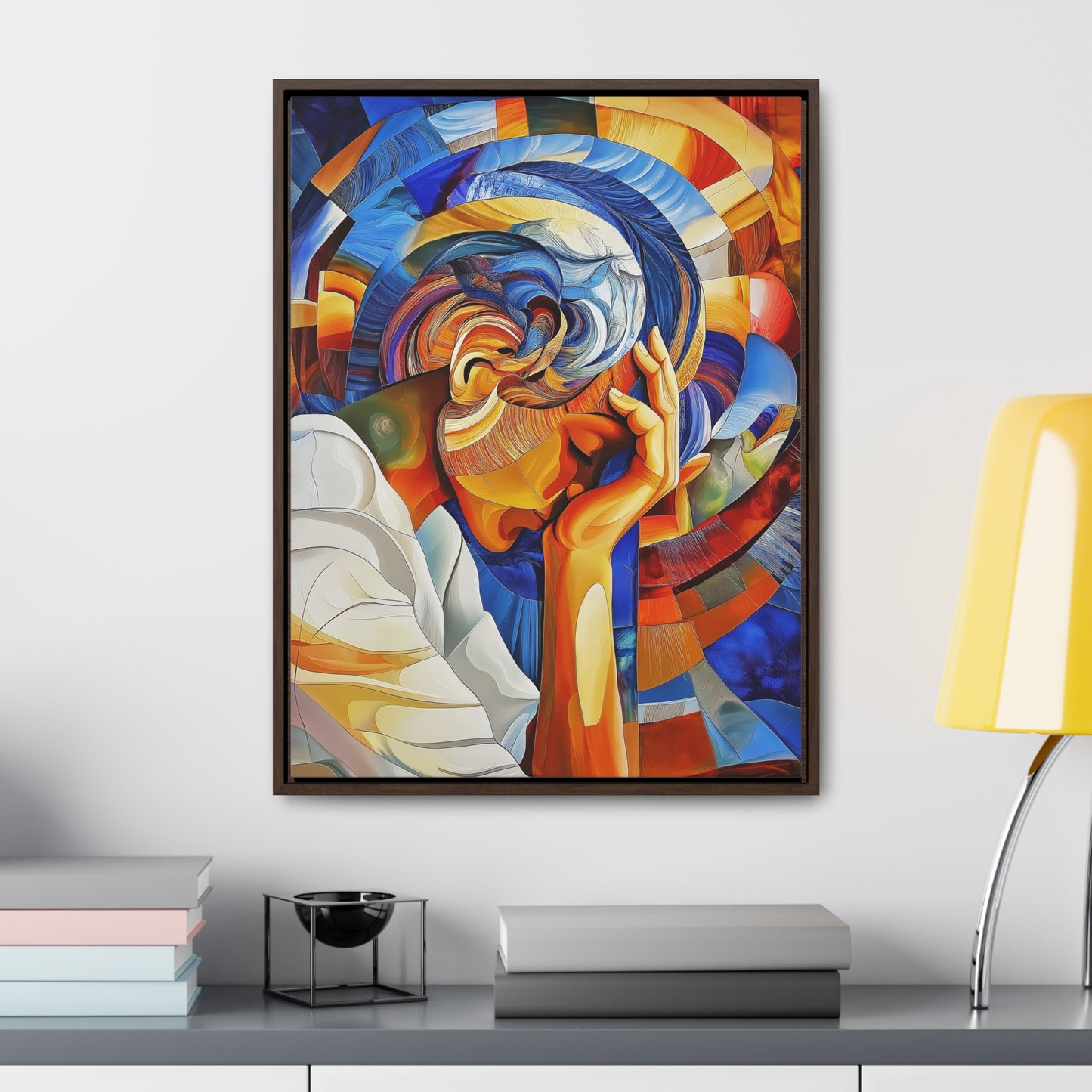 Abstract Person Resting Head Canvas Wrap, Vibrant Swirling Geometric Shapes, Thought-Provoking Artwork, Wall Decor, Home Office Decor,