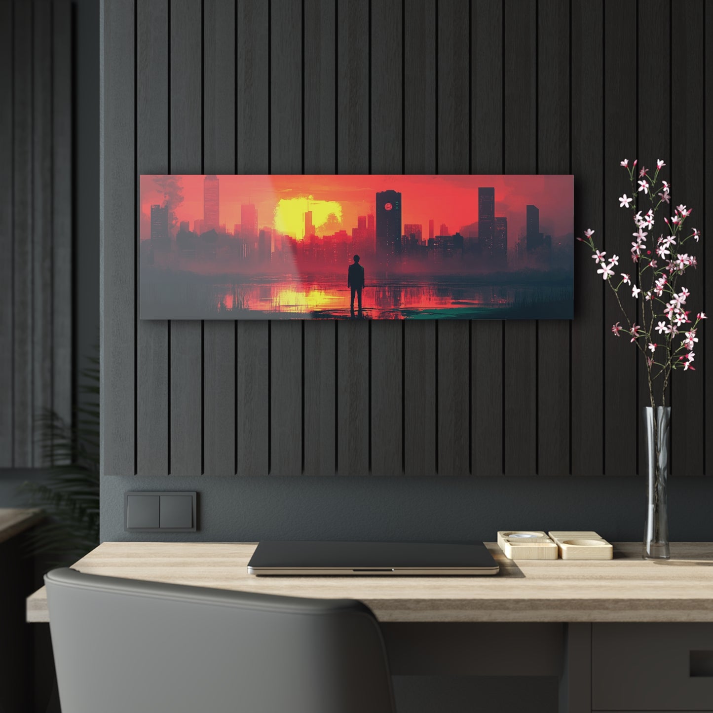 Acrylic Prints, Luminous Dystopia Wall Art, Sunset Cityscape Decor, Glass Photo Panel, Ready to Hang, Floating Artwork, Second-Surface