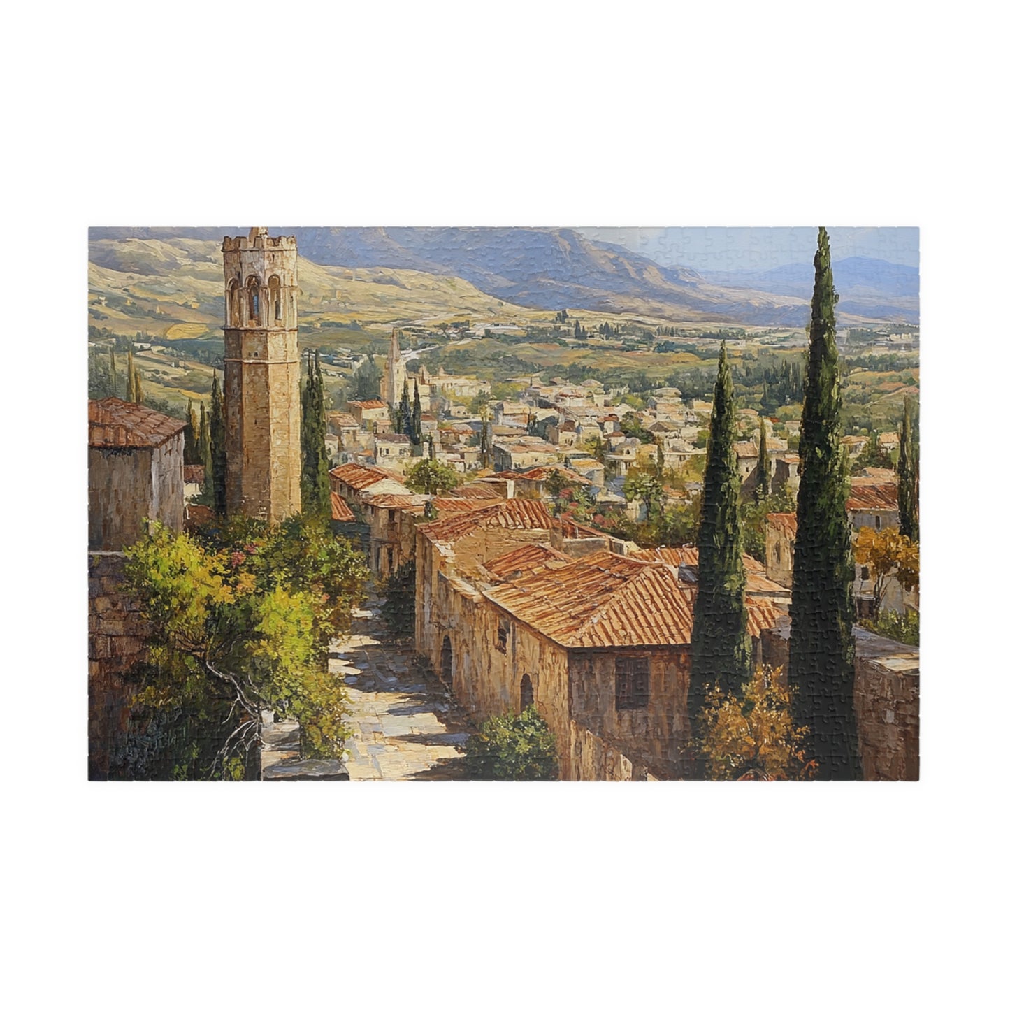 Jigsaw Puzzle - Mediterranean Village Scene, 110/252/520/1014 Pieces, Chipboard Material, Glossy Finish, Vertical or Horizontal Orientation