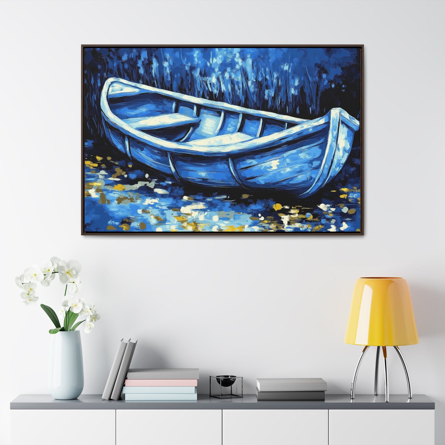 Moonlit Boat Canvas Wraps, Serene Blue Water Reflection Art, Tranquil Night Scene Wall Decor, Isolation Peaceful Stillness, Hidden Light