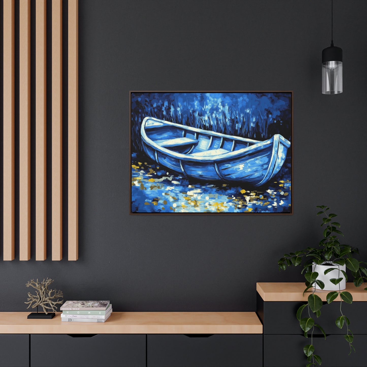 Moonlit Boat Canvas Wraps, Serene Blue Water Reflection Art, Tranquil Night Scene Wall Decor, Isolation Peaceful Stillness, Hidden Light