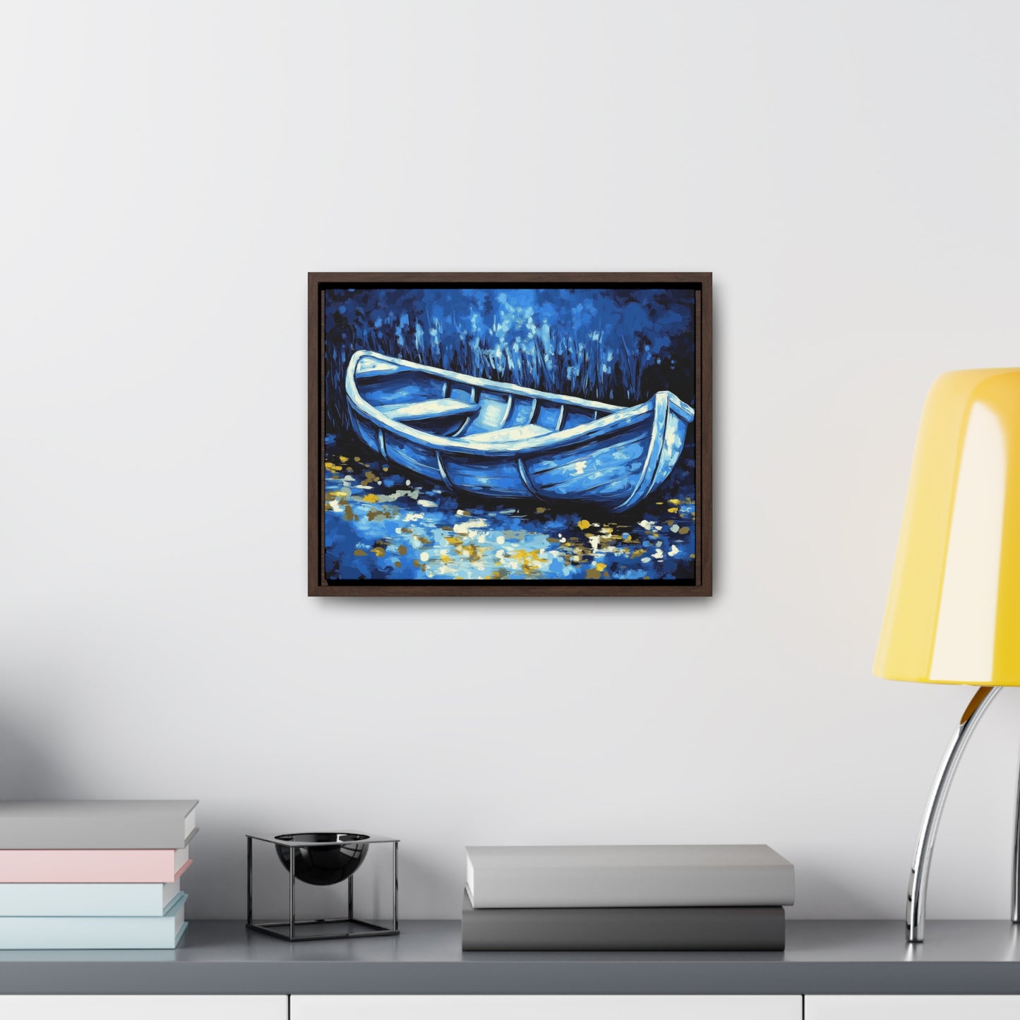 Moonlit Boat Canvas Wraps, Serene Blue Water Reflection Art, Tranquil Night Scene Wall Decor, Isolation Peaceful Stillness, Hidden Light