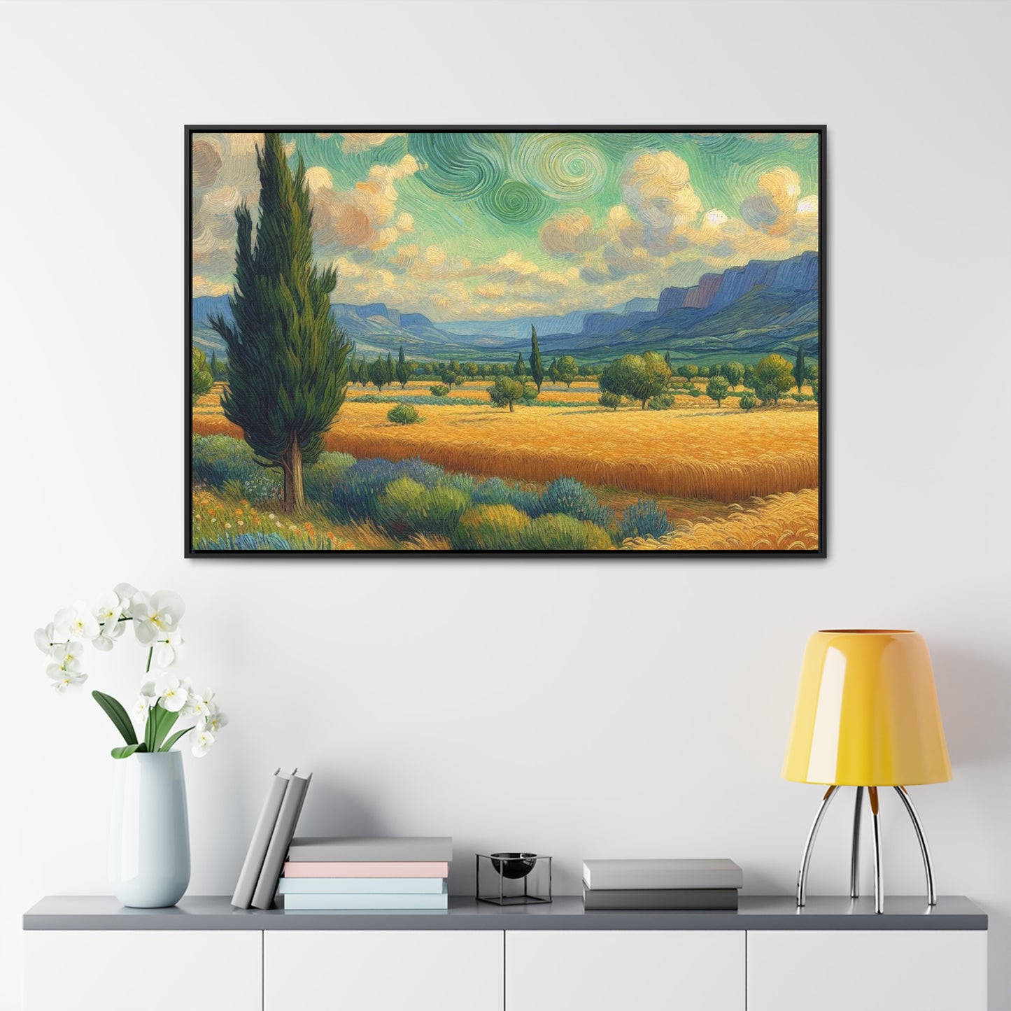 Gallery Canvas Wraps, Nature Inspired Wall Art, Field of Cypress Trees, Van Gogh Style Decor, Home Office Decor, Sun Drenched Meadow Prints,