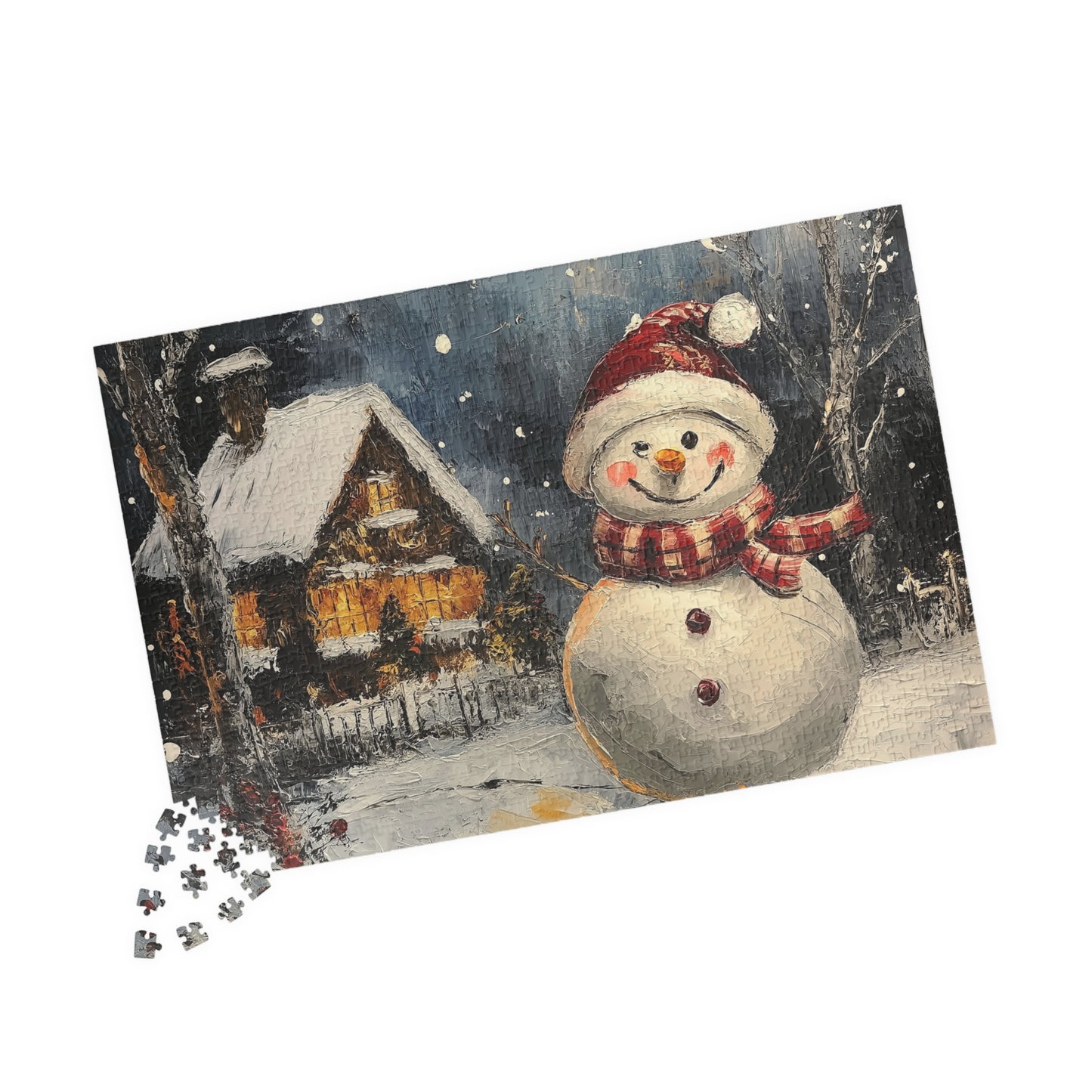 Winter Cabin Snowman - Jigsaw Puzzle (110, 252, 520, or 1014 pieces)