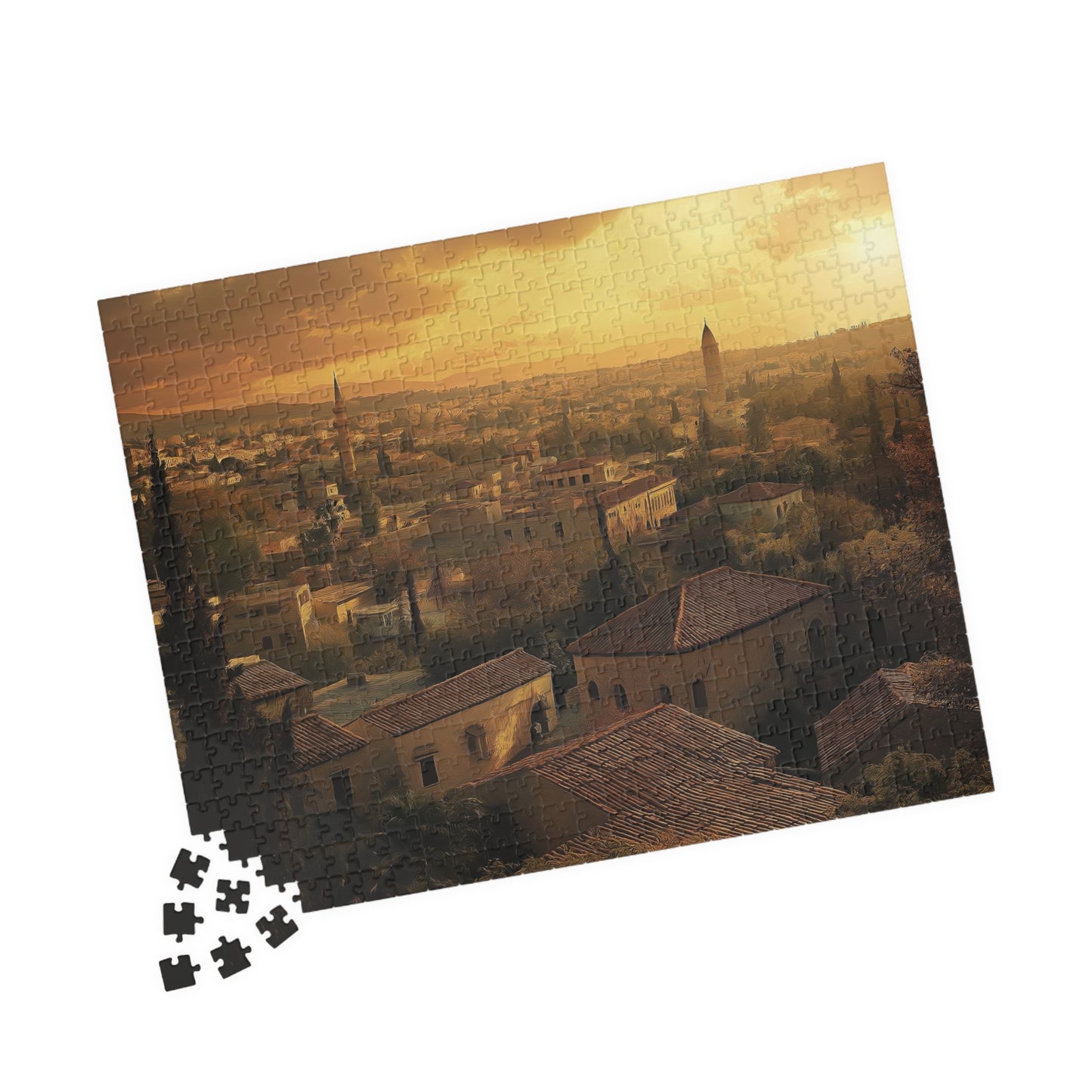 Jigsaw Puzzle, Ancient City Sunset, Historical Architecture and Lush Greenery, 110-1014 Pieces, Chipboard Material, Glossy Finish