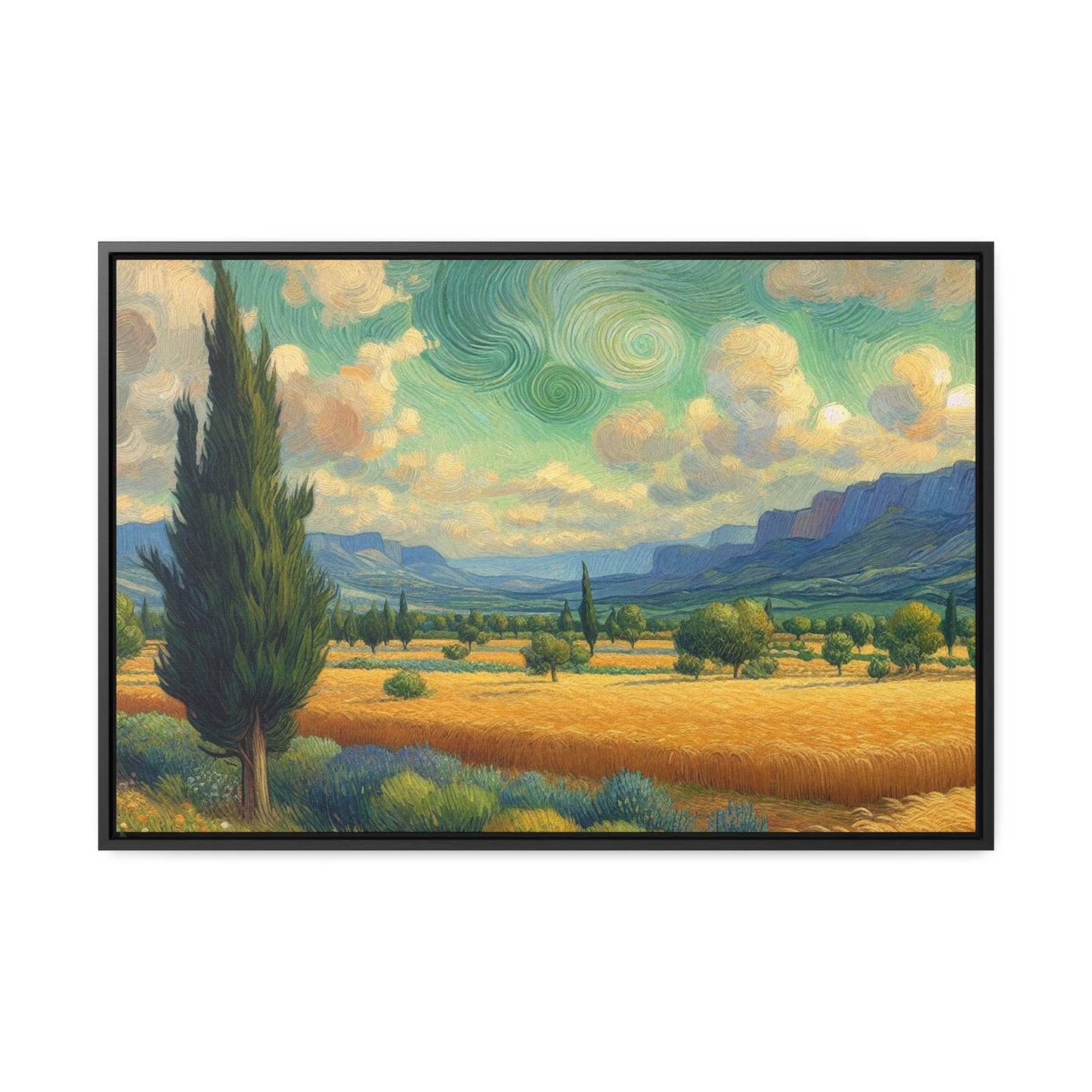 Gallery Canvas Wraps, Nature Inspired Wall Art, Field of Cypress Trees, Van Gogh Style Decor, Home Office Decor, Sun Drenched Meadow Prints,