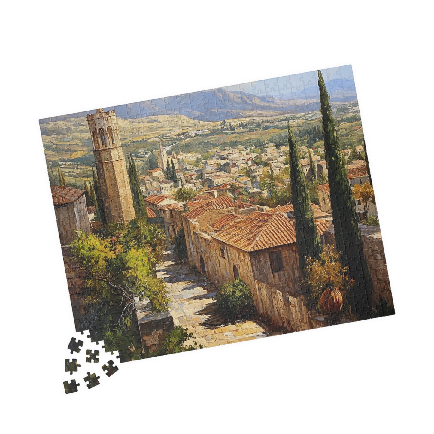 Jigsaw Puzzle - Mediterranean Village Scene, 110/252/520/1014 Pieces, Chipboard Material, Glossy Finish, Vertical or Horizontal Orientation