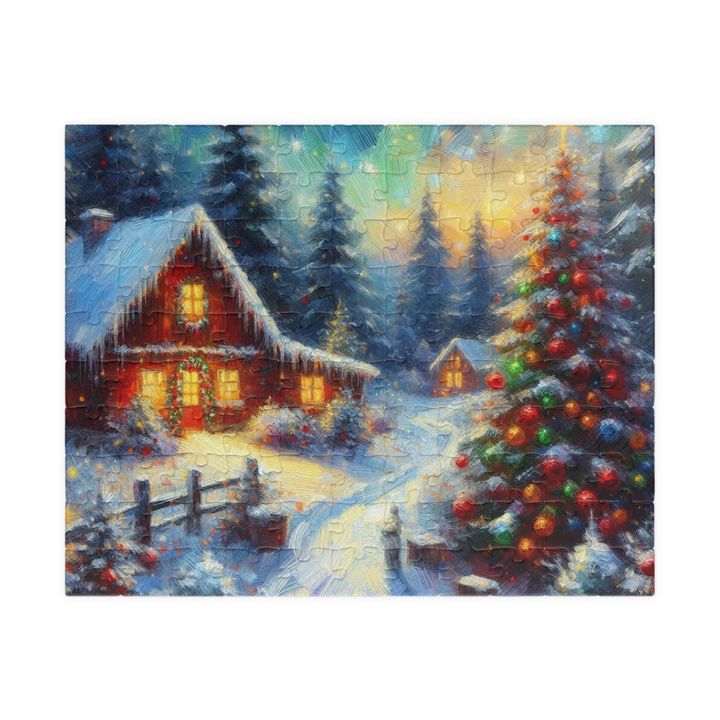 Jigsaw Puzzle, Quaint Christmas Cabin, Winter Wonderland Family Gathering, 110/252/520/1014-Piece, Chipboard Material, Glossy Finish