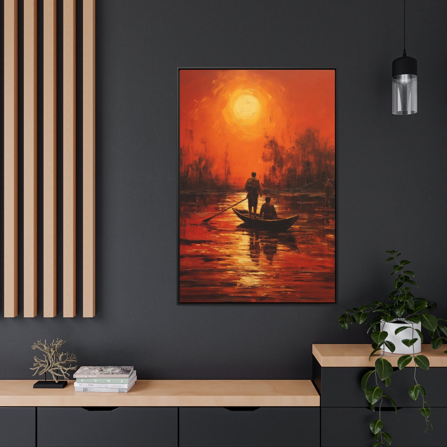 Canvas Wall Art, Sunset Boat Journey Gallery Print, Peaceful Nature Scene, Traveler's Gift, Home Decor, Vertical Frame