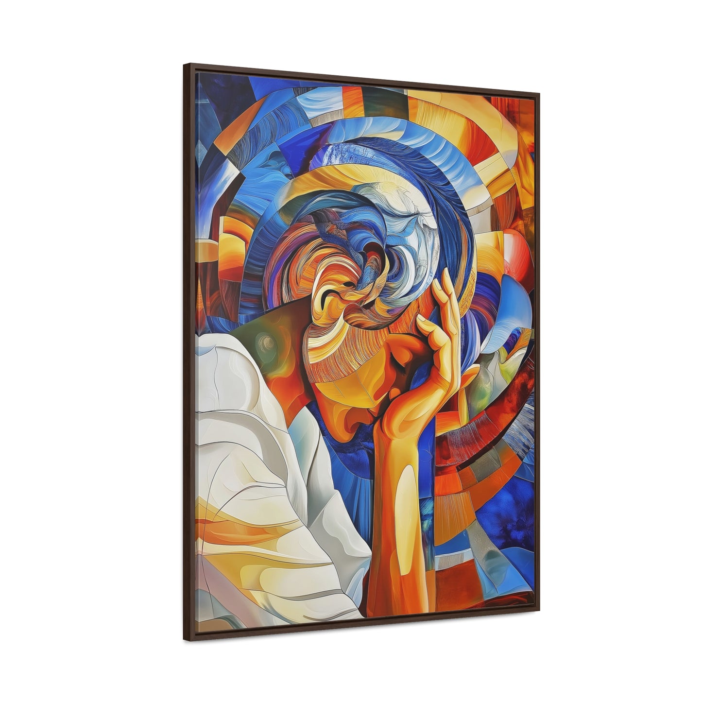 Abstract Person Resting Head Canvas Wrap, Vibrant Swirling Geometric Shapes, Thought-Provoking Artwork, Wall Decor, Home Office Decor,