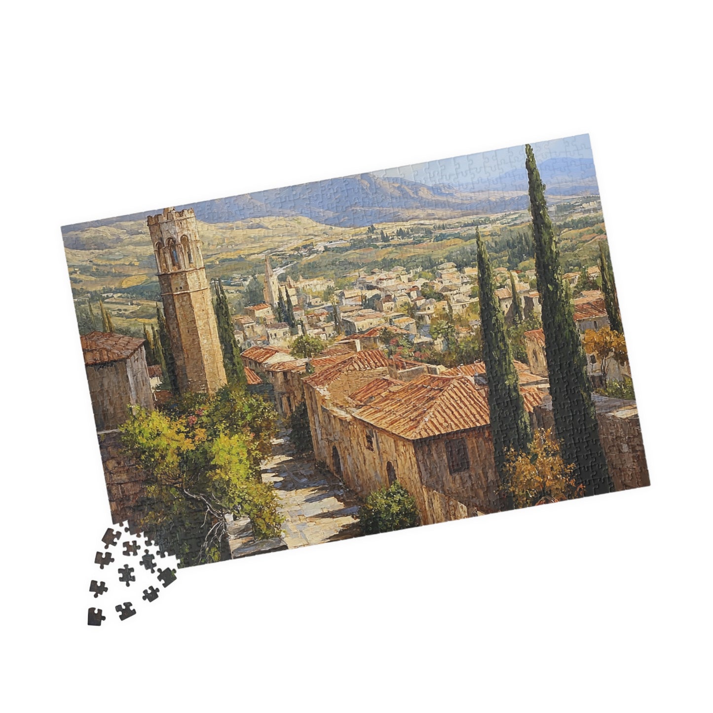 Jigsaw Puzzle - Mediterranean Village Scene, 110/252/520/1014 Pieces, Chipboard Material, Glossy Finish, Vertical or Horizontal Orientation