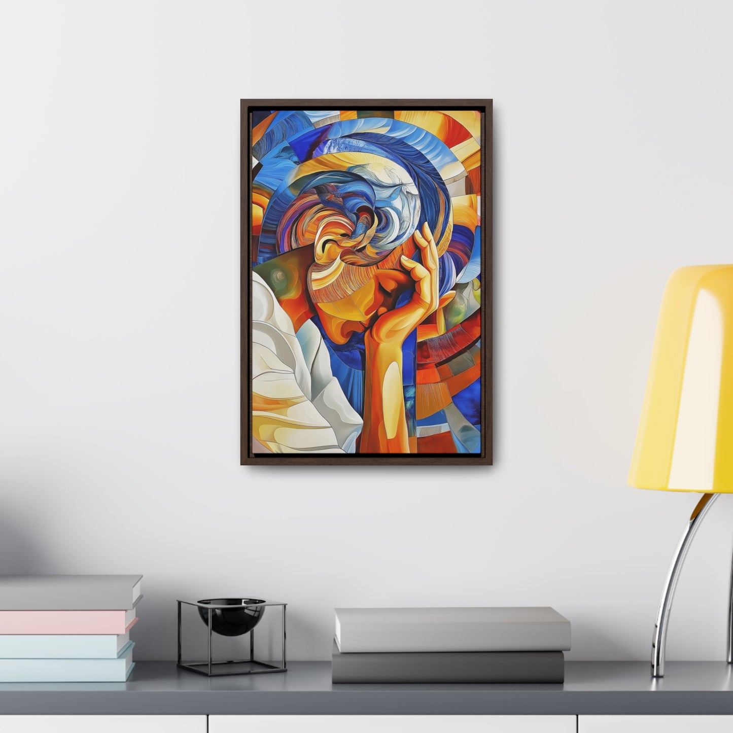 Abstract Person Resting Head Canvas Wrap, Vibrant Swirling Geometric Shapes, Thought-Provoking Artwork, Wall Decor, Home Office Decor,