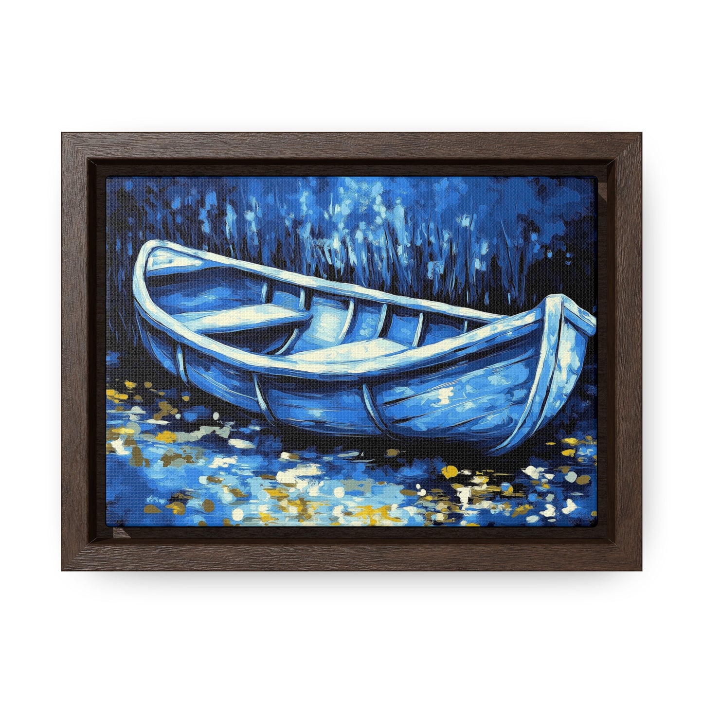 Moonlit Boat Canvas Wraps, Serene Blue Water Reflection Art, Tranquil Night Scene Wall Decor, Isolation Peaceful Stillness, Hidden Light