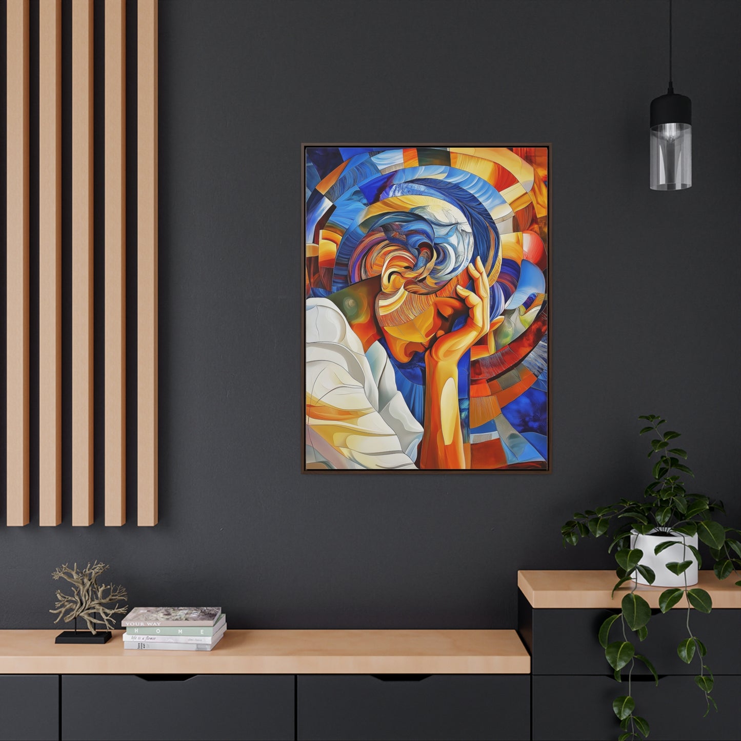 Abstract Person Resting Head Canvas Wrap, Vibrant Swirling Geometric Shapes, Thought-Provoking Artwork, Wall Decor, Home Office Decor,