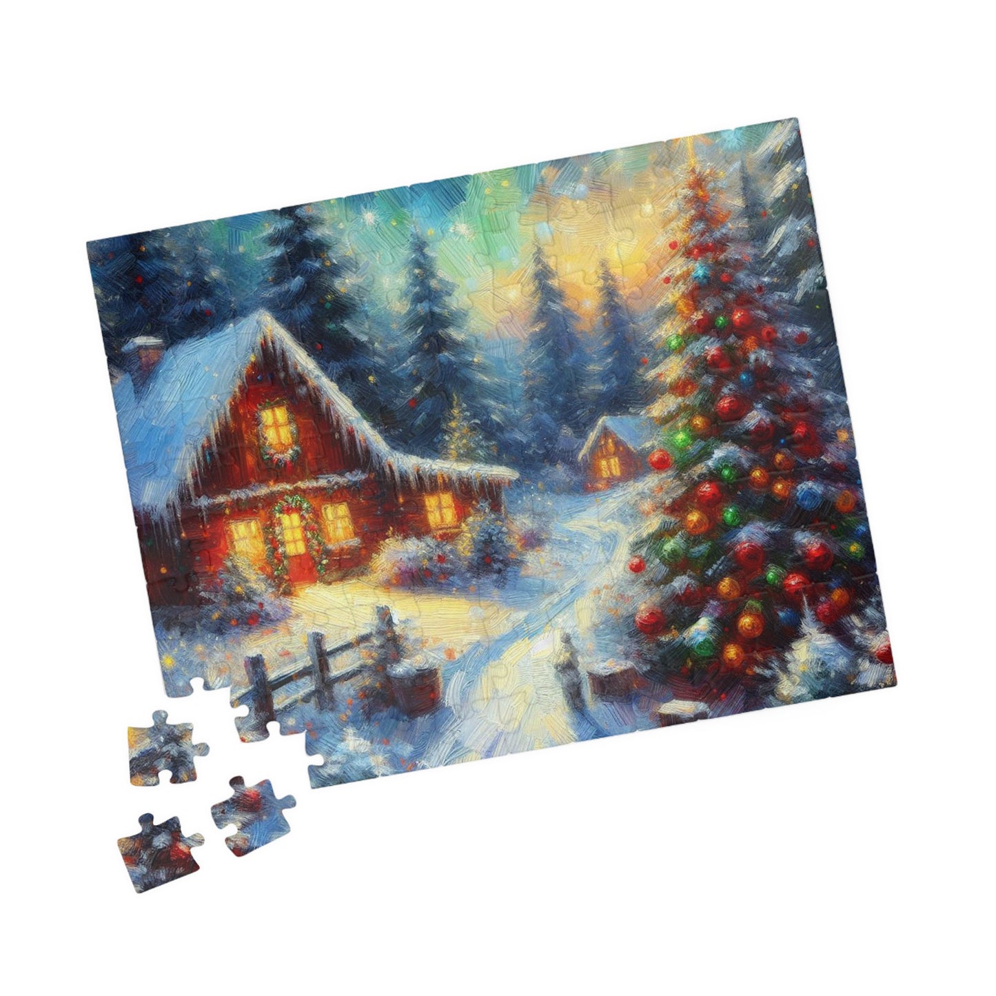 Jigsaw Puzzle, Quaint Christmas Cabin, Winter Wonderland Family Gathering, 110/252/520/1014-Piece, Chipboard Material, Glossy Finish