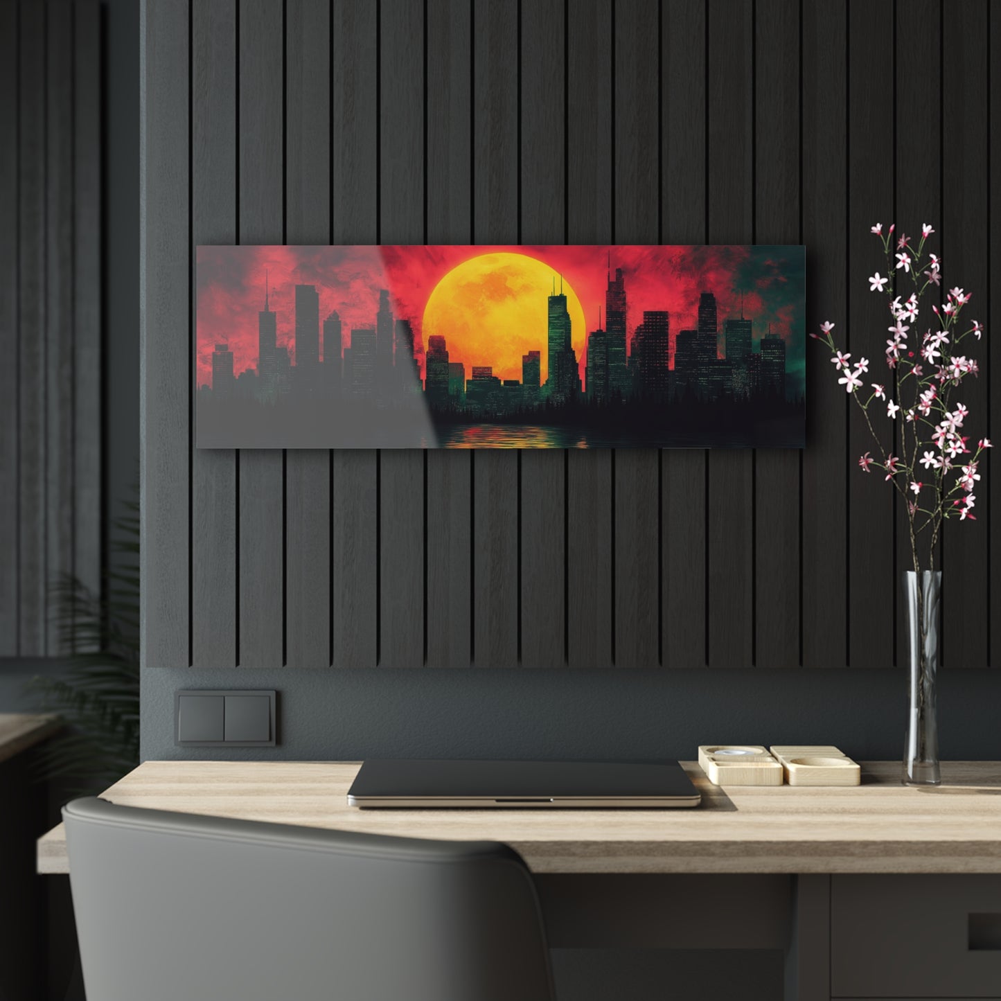 Vibrant Cityscape at Sunset - Stunning Acrylic Print Featuring Majestic Yellow Sun and Reflective Water