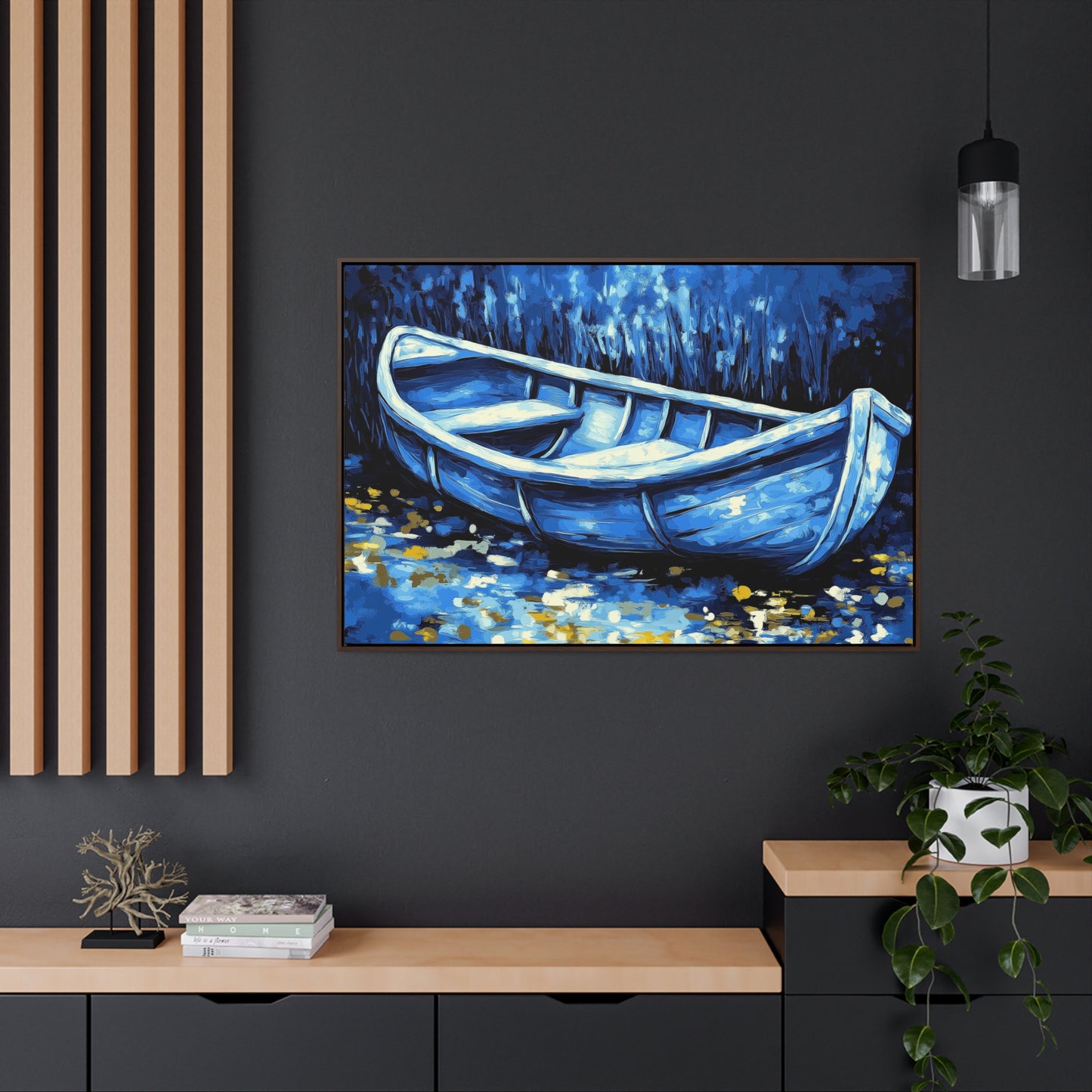 Moonlit Boat Canvas Wraps, Serene Blue Water Reflection Art, Tranquil Night Scene Wall Decor, Isolation Peaceful Stillness, Hidden Light