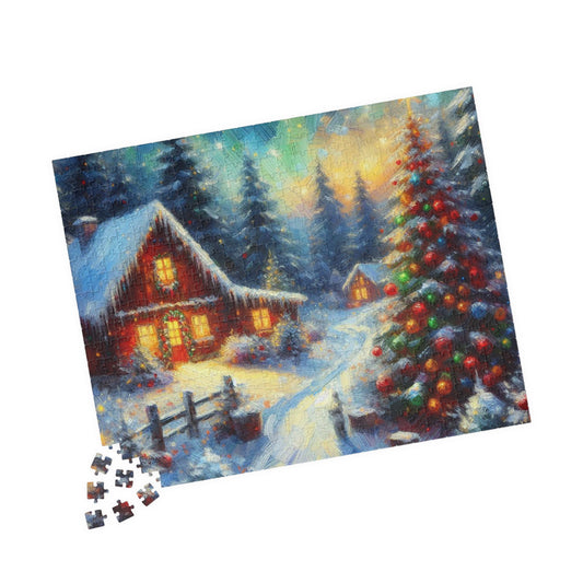 Jigsaw Puzzle, Quaint Christmas Cabin, Winter Wonderland Family Gathering, 110/252/520/1014-Piece, Chipboard Material, Glossy Finish