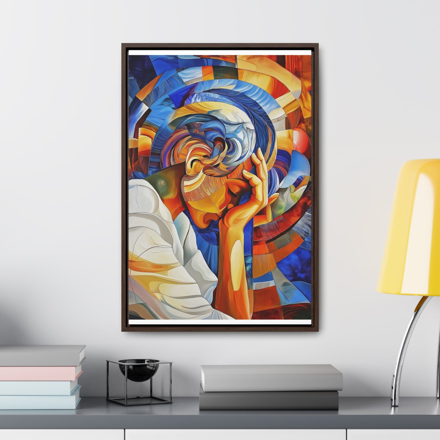 Abstract Person Resting Head Canvas Wrap, Vibrant Swirling Geometric Shapes, Thought-Provoking Artwork, Wall Decor, Home Office Decor,