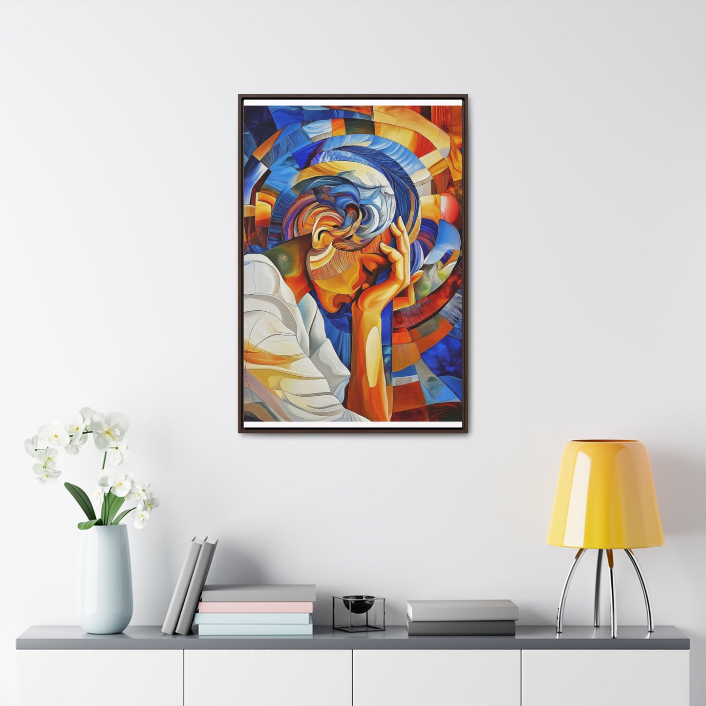 Abstract Person Resting Head Canvas Wrap, Vibrant Swirling Geometric Shapes, Thought-Provoking Artwork, Wall Decor, Home Office Decor,