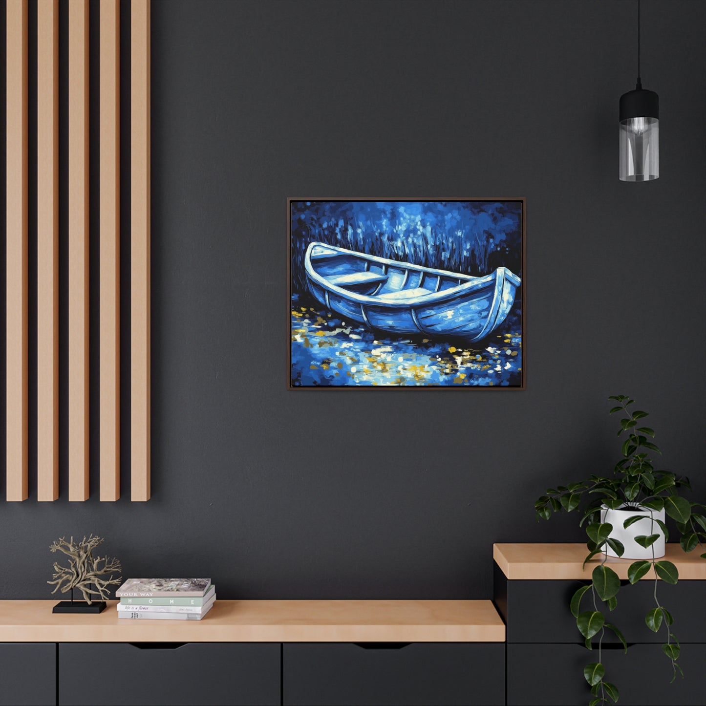 Moonlit Boat Canvas Wraps, Serene Blue Water Reflection Art, Tranquil Night Scene Wall Decor, Isolation Peaceful Stillness, Hidden Light