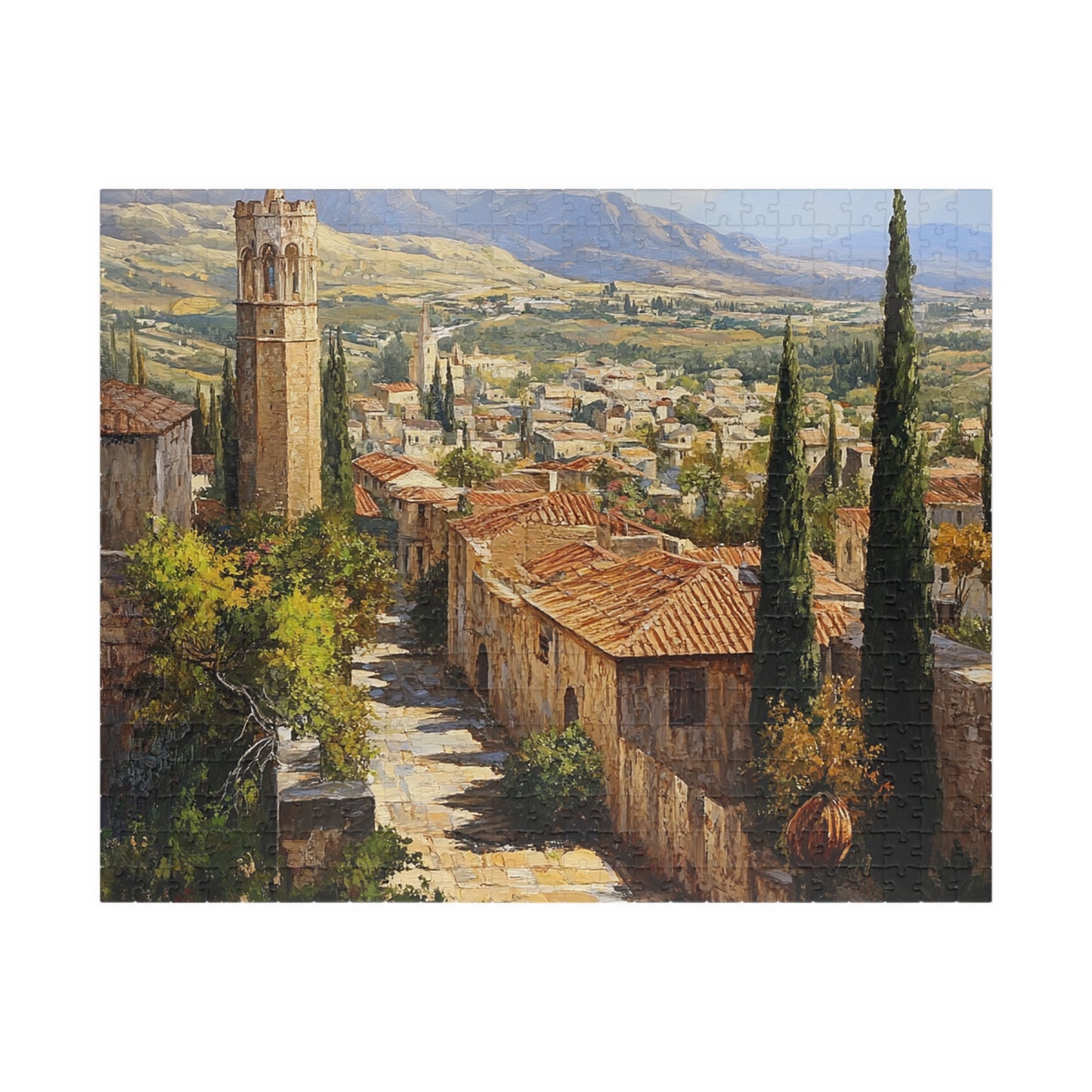 Jigsaw Puzzle - Mediterranean Village Scene, 110/252/520/1014 Pieces, Chipboard Material, Glossy Finish, Vertical or Horizontal Orientation