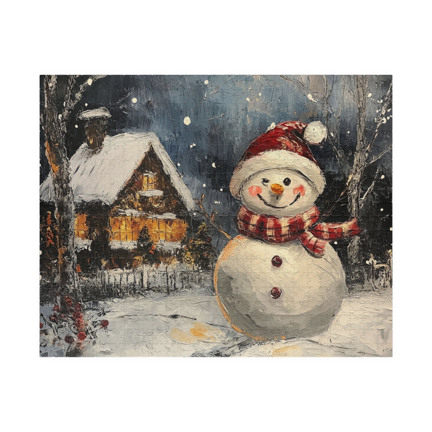 Winter Cabin Snowman - Jigsaw Puzzle (110, 252, 520, or 1014 pieces)