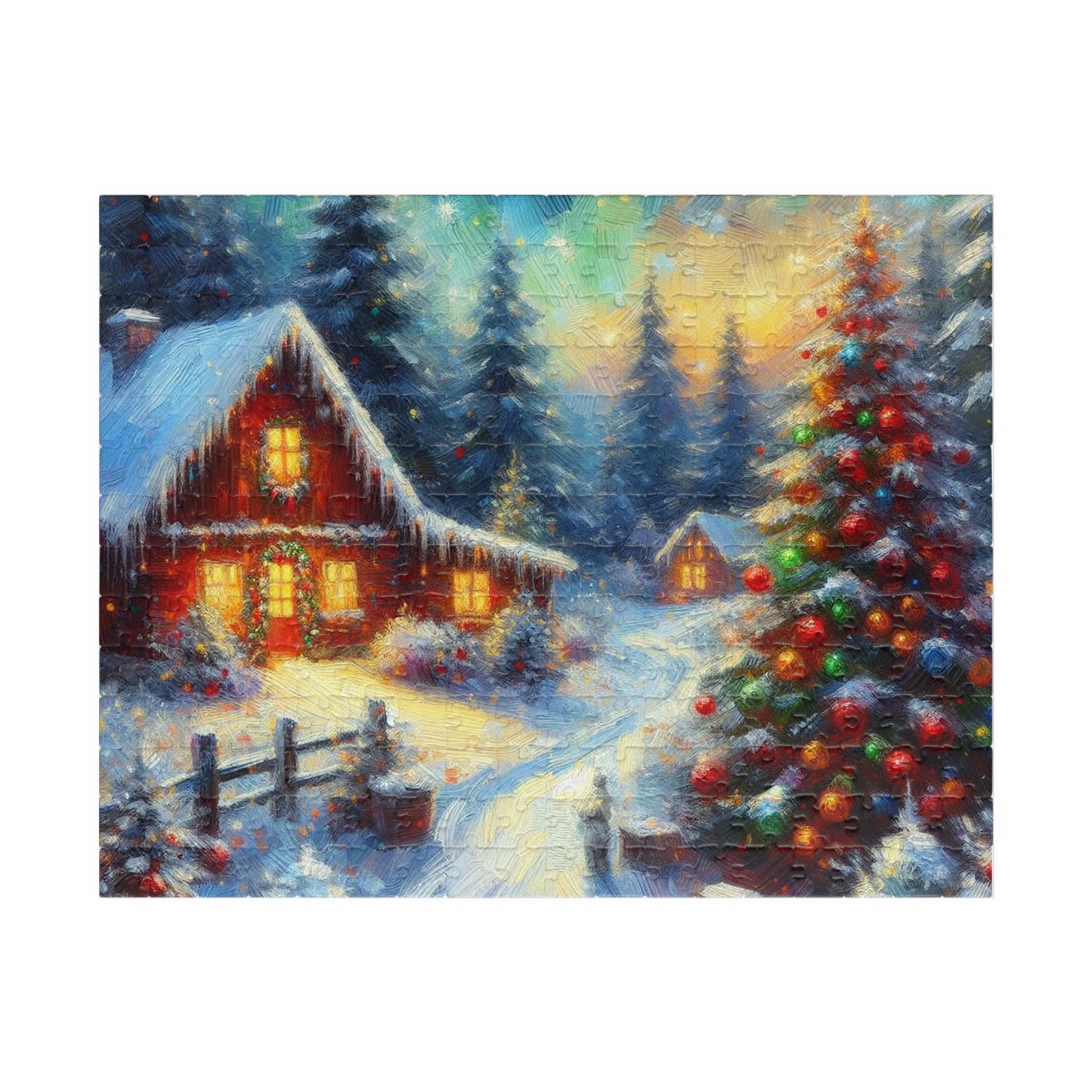 Jigsaw Puzzle, Quaint Christmas Cabin, Winter Wonderland Family Gathering, 110/252/520/1014-Piece, Chipboard Material, Glossy Finish