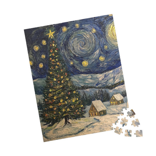 Christmas Tree Starry Night - Jigsaw Puzzle -  110/252/520/1014-piece, Holiday Snow Scene, Winter Landscape, Festive Home Decor, Relaxing