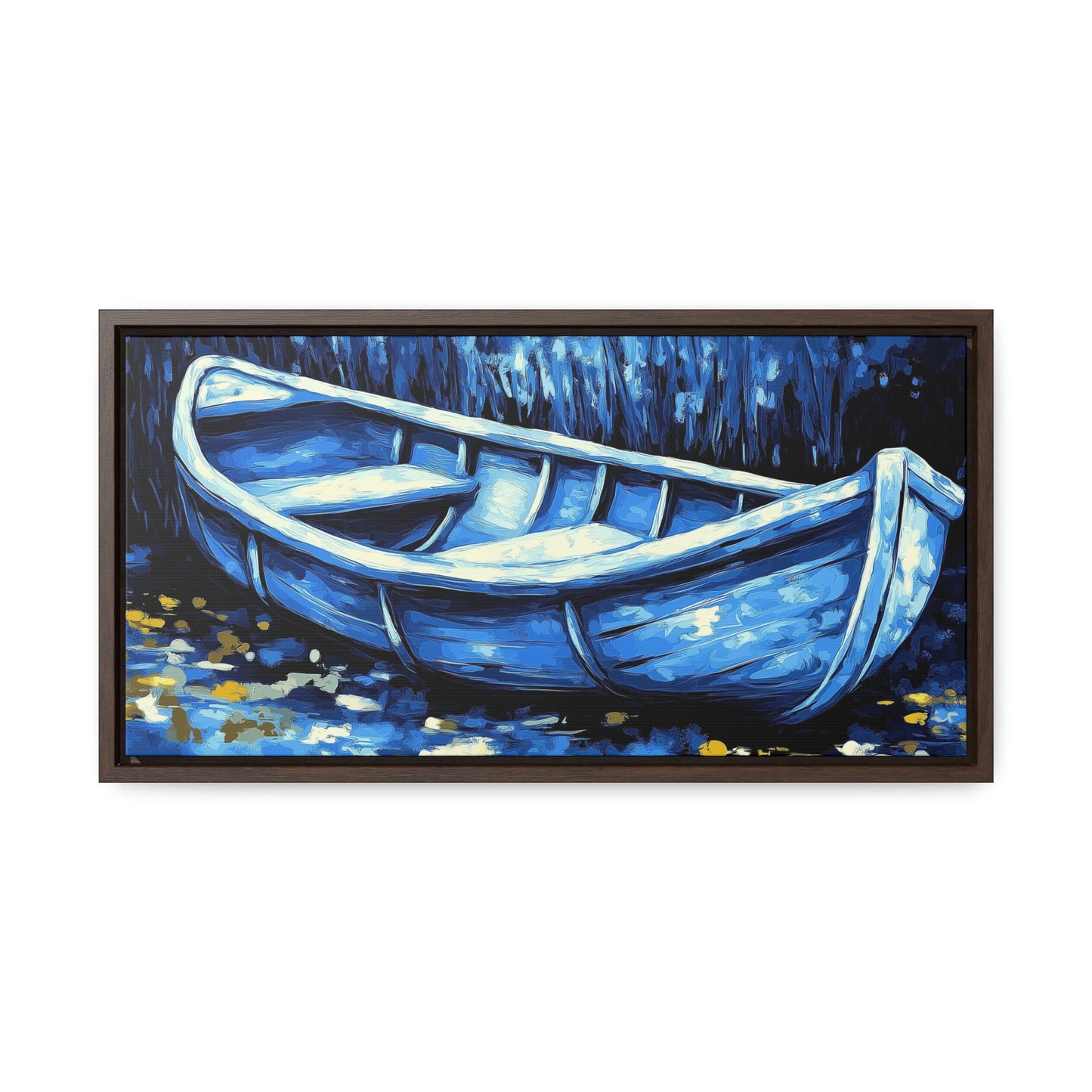 Moonlit Boat Canvas Wraps, Serene Blue Water Reflection Art, Tranquil Night Scene Wall Decor, Isolation Peaceful Stillness, Hidden Light