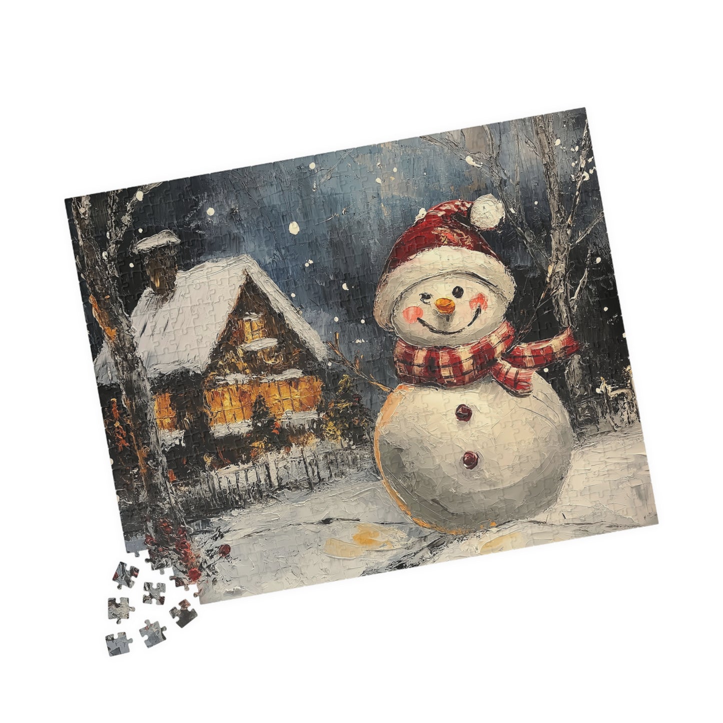 Winter Cabin Snowman - Jigsaw Puzzle (110, 252, 520, or 1014 pieces)