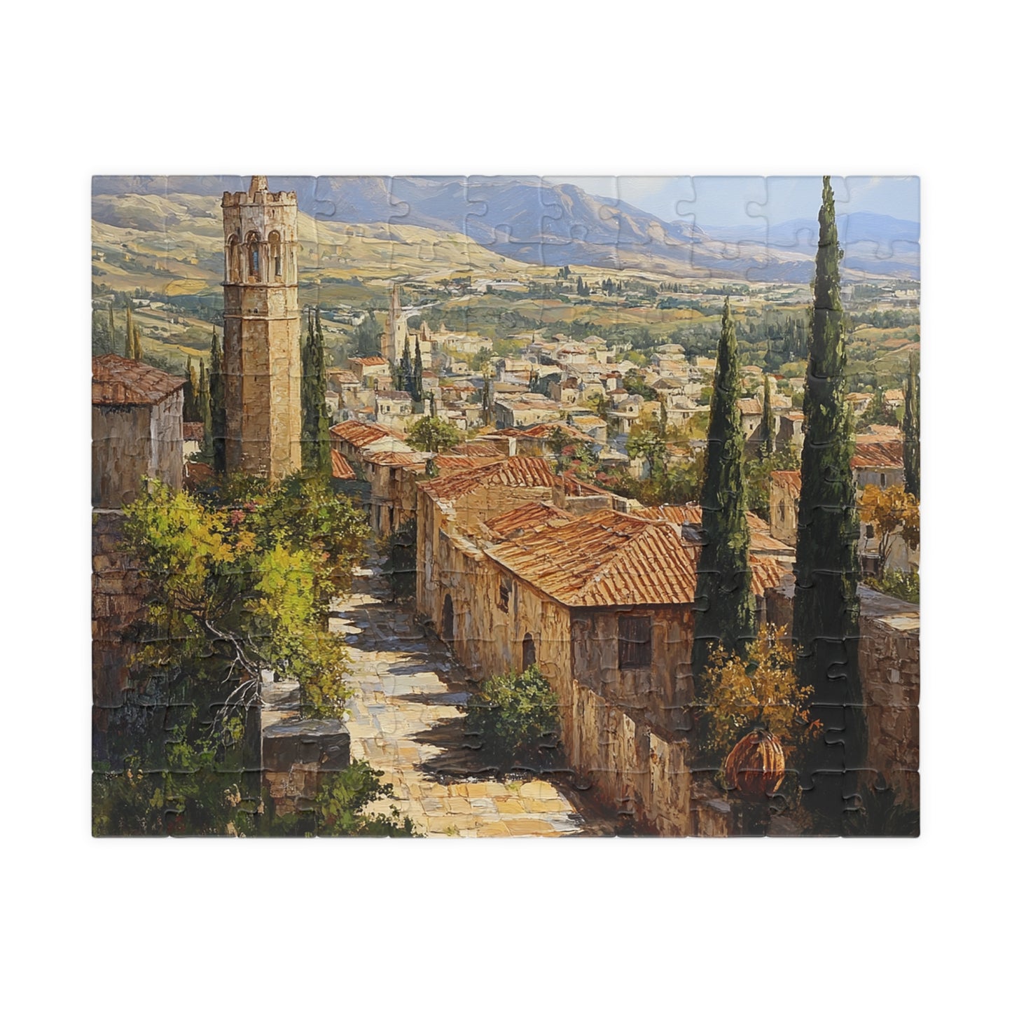 Jigsaw Puzzle - Mediterranean Village Scene, 110/252/520/1014 Pieces, Chipboard Material, Glossy Finish, Vertical or Horizontal Orientation