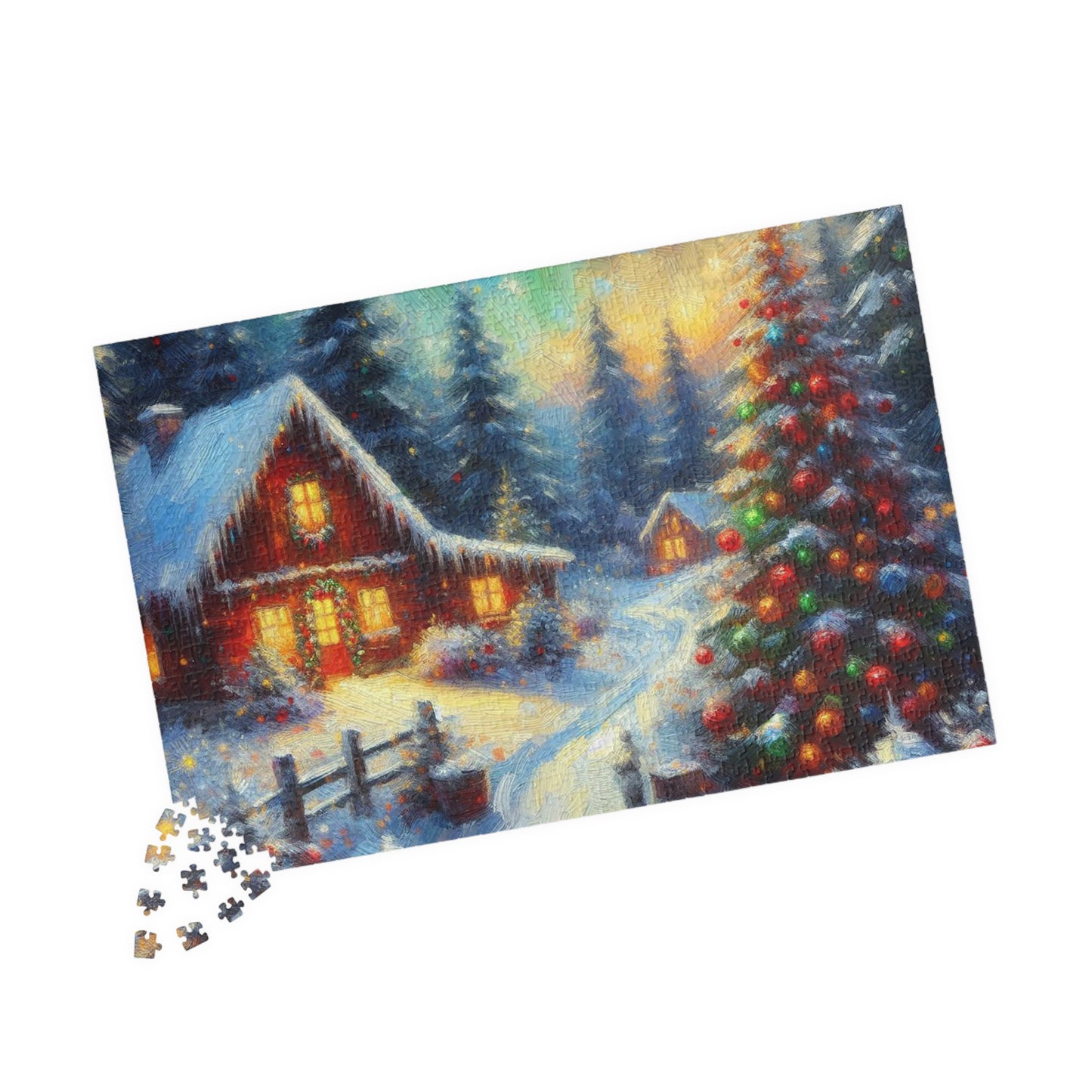 Jigsaw Puzzle, Quaint Christmas Cabin, Winter Wonderland Family Gathering, 110/252/520/1014-Piece, Chipboard Material, Glossy Finish