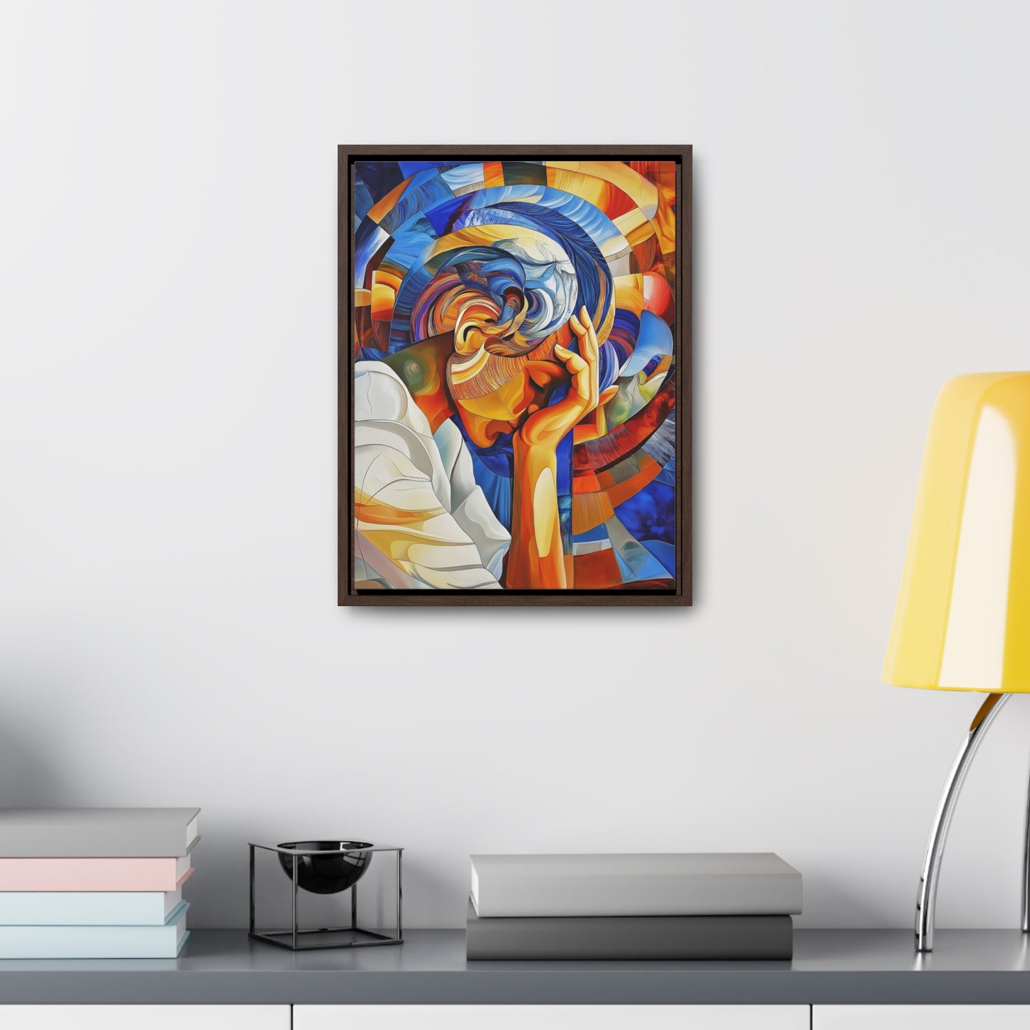 Abstract Person Resting Head Canvas Wrap, Vibrant Swirling Geometric Shapes, Thought-Provoking Artwork, Wall Decor, Home Office Decor,