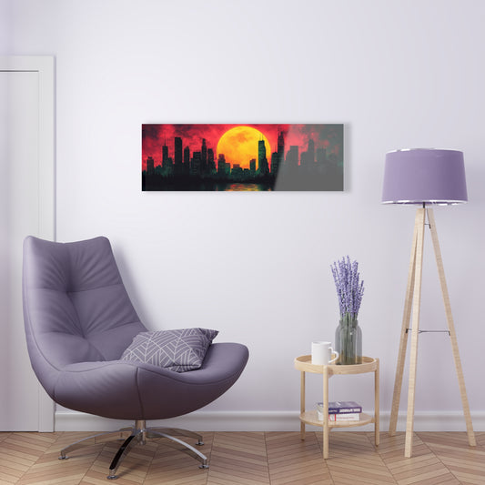 Vibrant Cityscape at Sunset - Stunning Acrylic Print Featuring Majestic Yellow Sun and Reflective Water