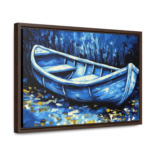 Moonlit Boat Canvas Wraps, Serene Blue Water Reflection Art, Tranquil Night Scene Wall Decor, Isolation Peaceful Stillness, Hidden Light