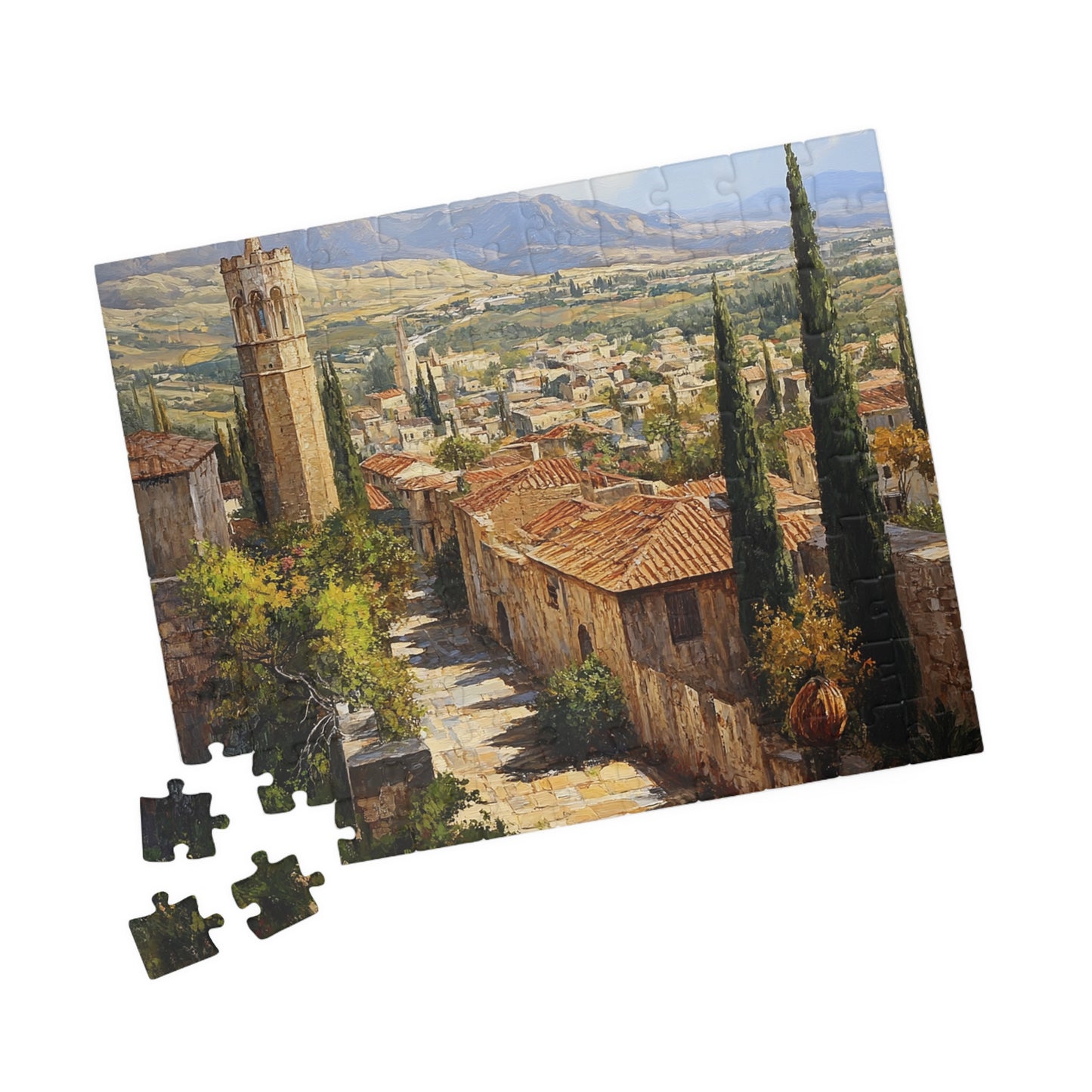 Jigsaw Puzzle - Mediterranean Village Scene, 110/252/520/1014 Pieces, Chipboard Material, Glossy Finish, Vertical or Horizontal Orientation