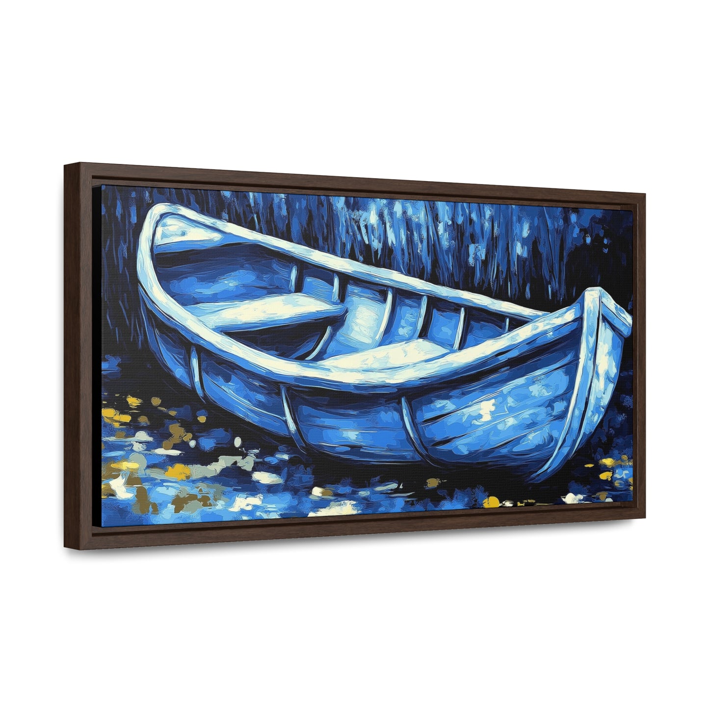 Moonlit Boat Canvas Wraps, Serene Blue Water Reflection Art, Tranquil Night Scene Wall Decor, Isolation Peaceful Stillness, Hidden Light