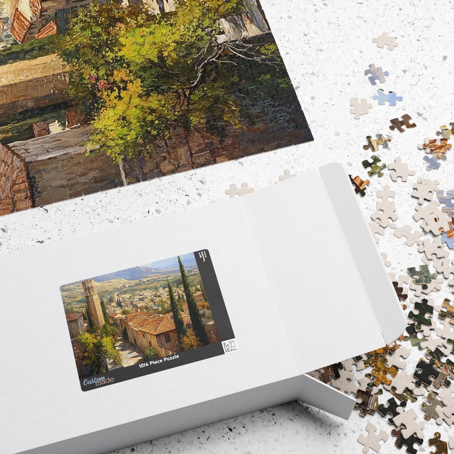 Jigsaw Puzzle - Mediterranean Village Scene, 110/252/520/1014 Pieces, Chipboard Material, Glossy Finish, Vertical or Horizontal Orientation