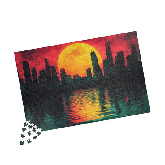 Vibrant Cityscape at Sunset - Stunning Jigsaw Puzzle Featuring Majestic Yellow Sun and Reflective Water for Adults